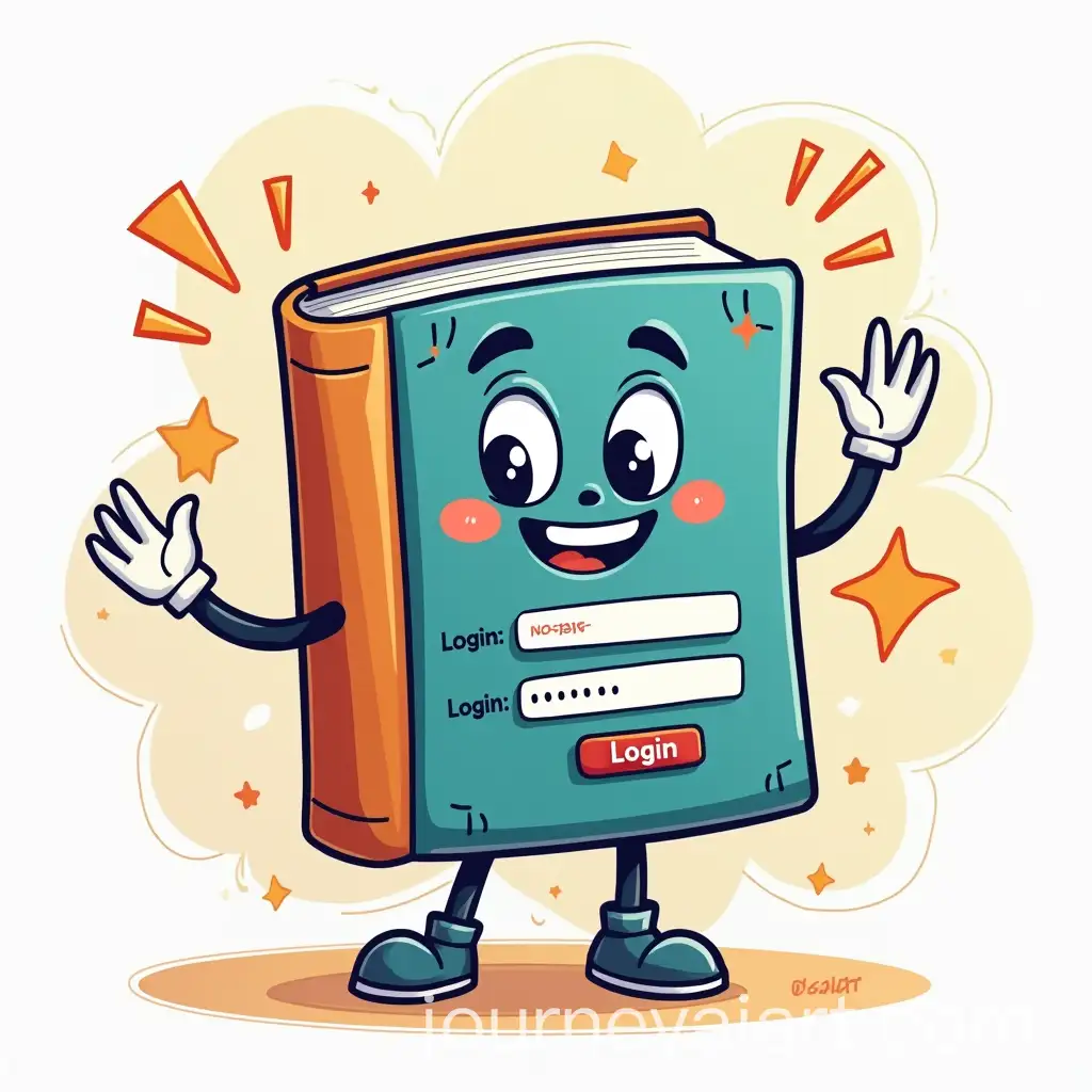 Cartoon-Book-Character-with-Login-Elements-in-Whimsical-Scene