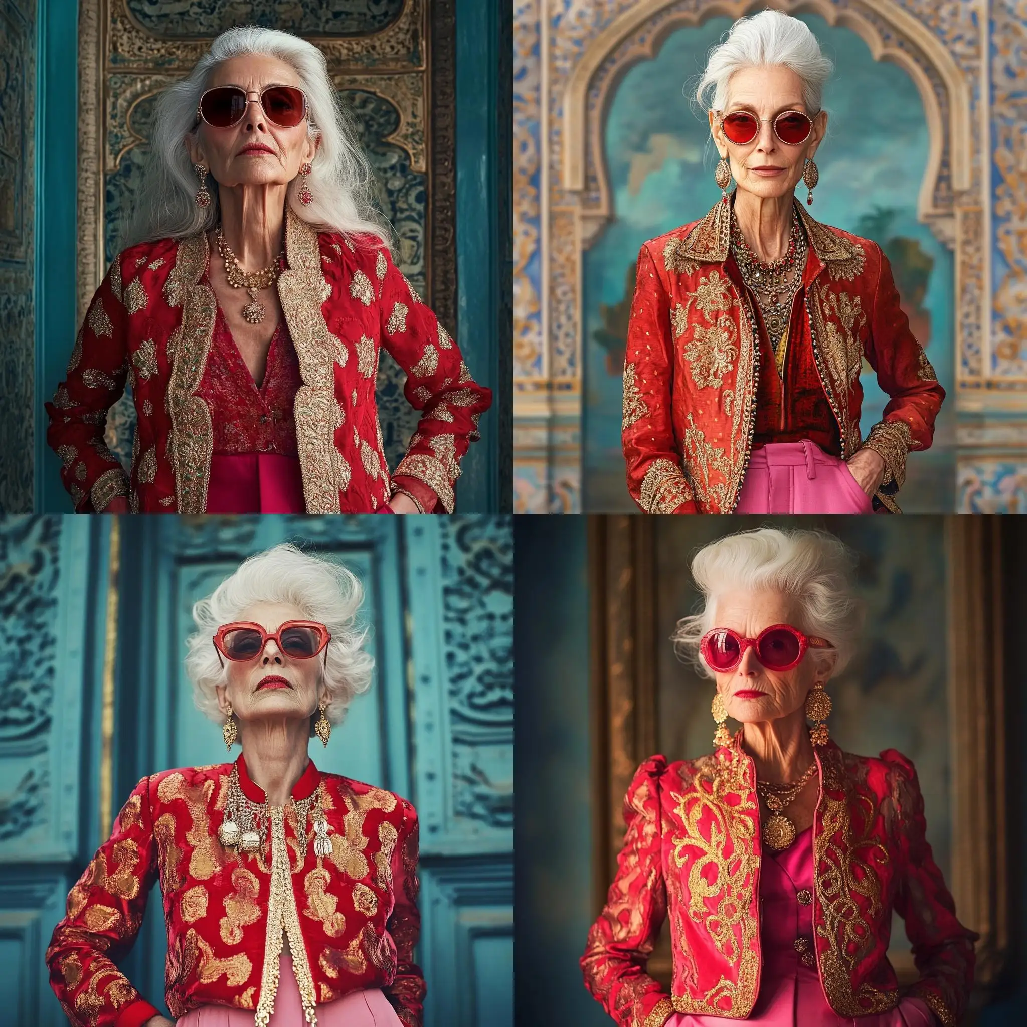 Elderly-Hippie-Woman-with-White-Hair-and-Red-Sunglasses-Standing-in-Front-of-a-Light-Blue-Palace