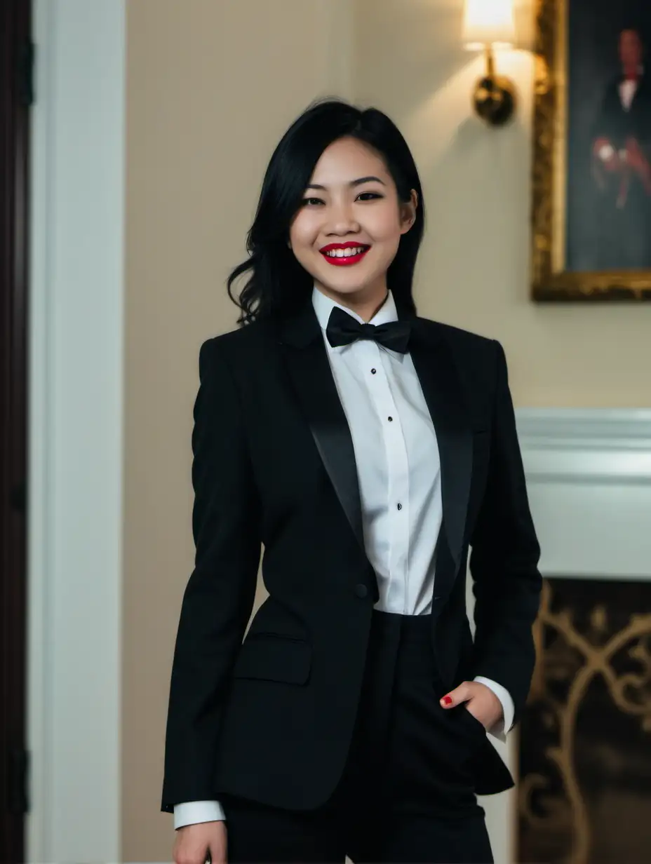 Elegant-Vietnamese-Woman-in-Tuxedo-Smiling-at-Night-in-Mansion