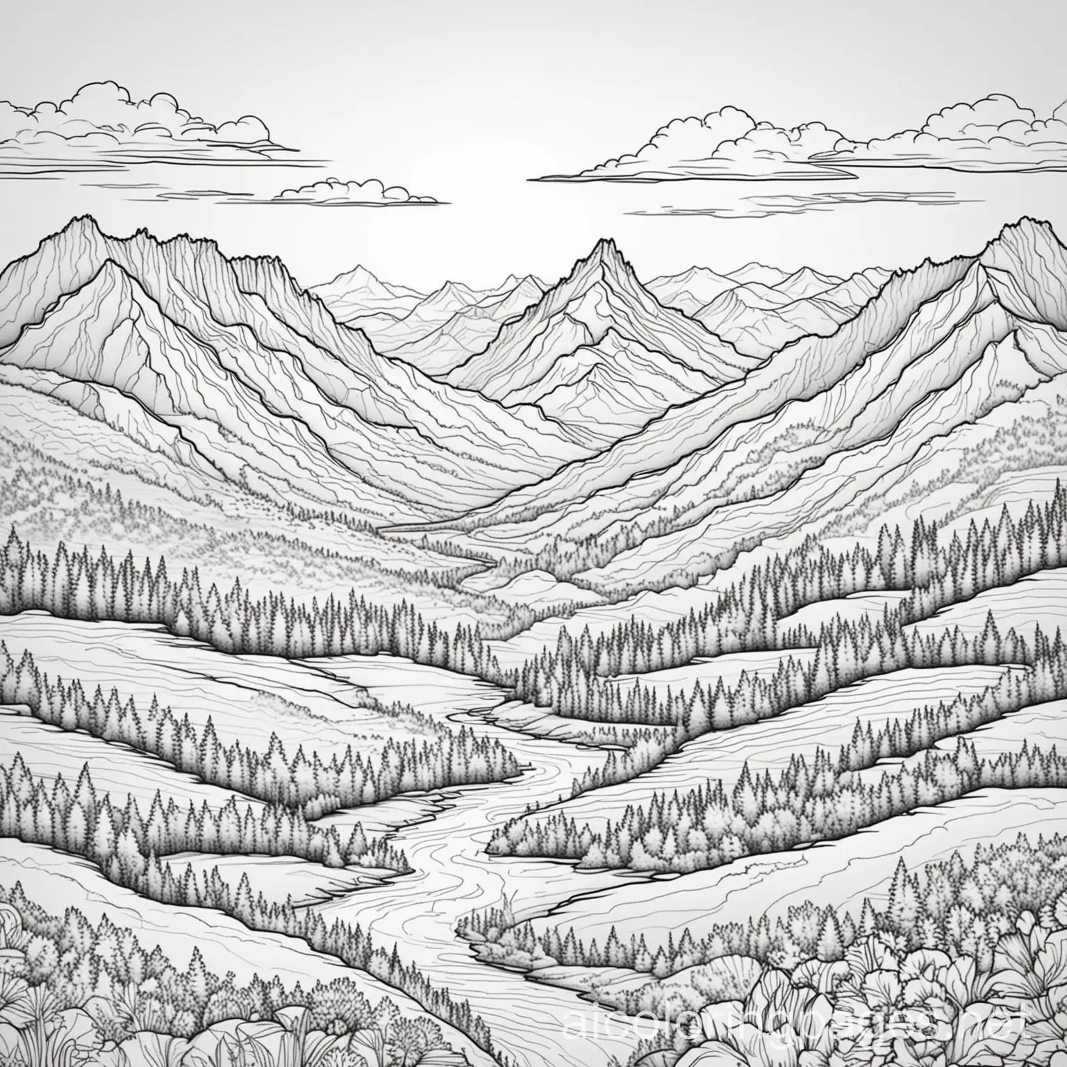 landscape with mountains for coloring book, Coloring Page, black and white, line art, white background, Simplicity, Ample White Space., Coloring Page, black and white, line art, white background, Simplicity, Ample White Space. The background of the coloring page is plain white to make it easy for young children to color within the lines. The outlines of all the subjects are easy to distinguish, making it simple for kids to color without too much difficulty