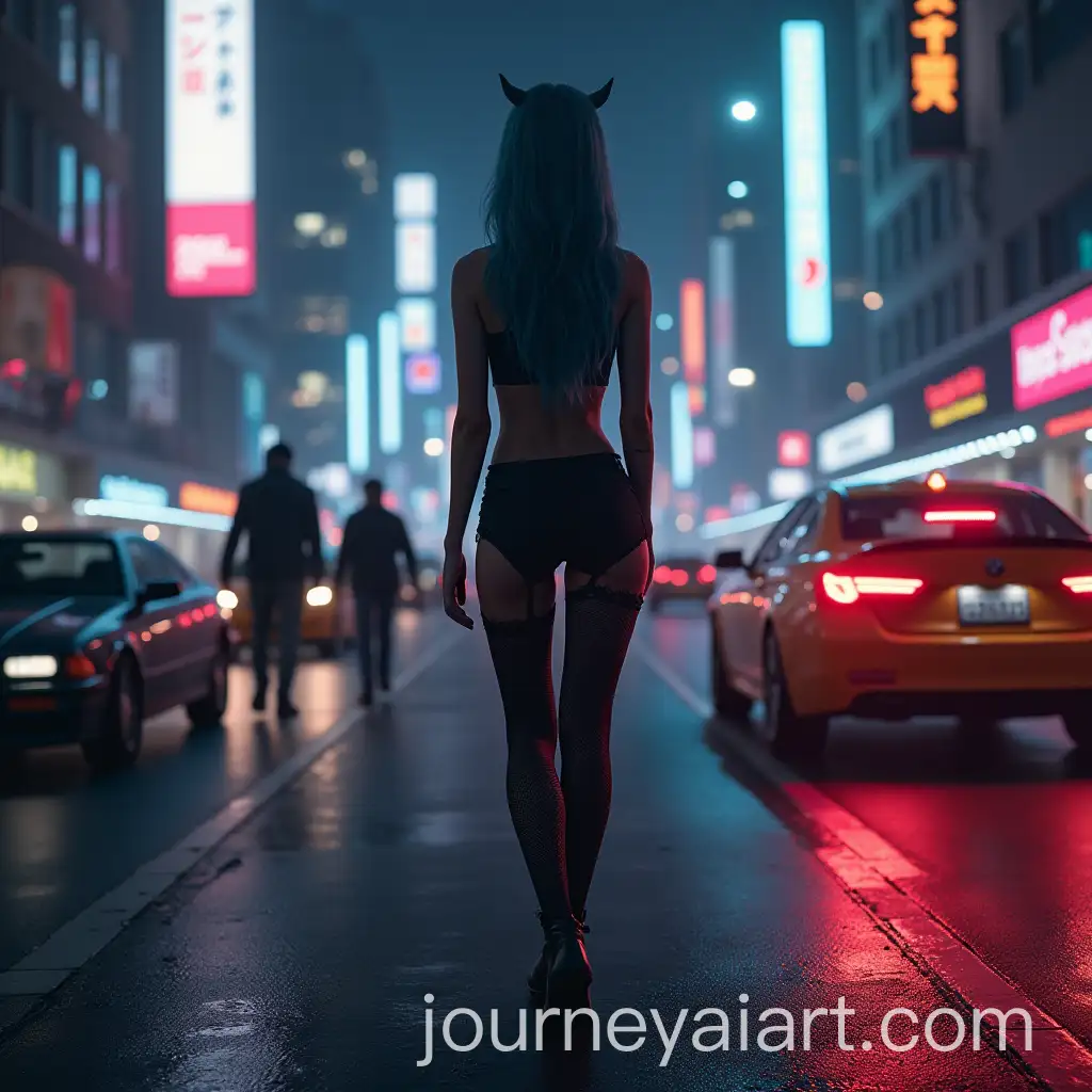 Fantasy-Girl-in-Cyberpunk-Night-City-with-Walking-People-and-Cars