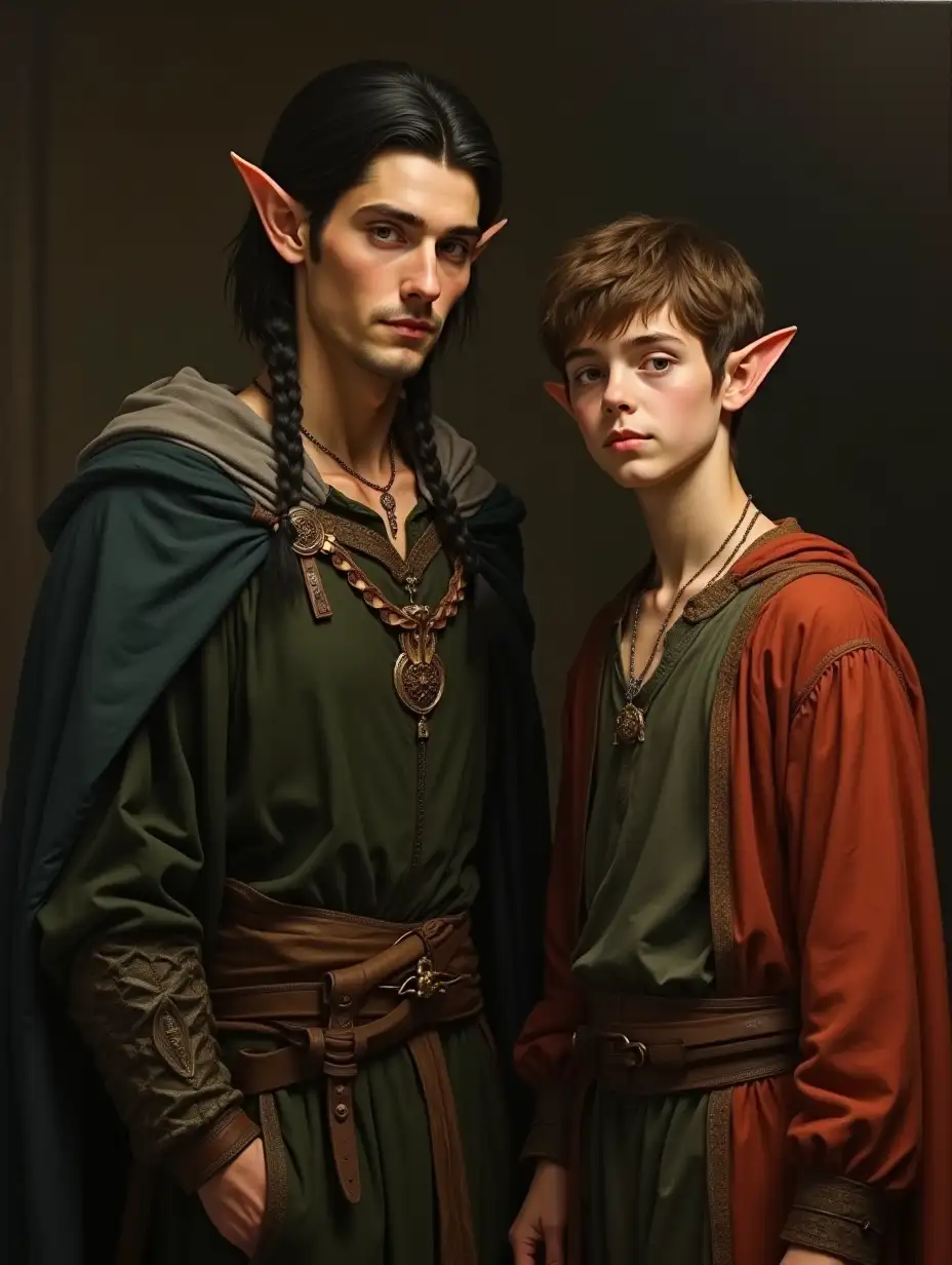 An oil painting in the style of Caravaggio with autumn color palette, a dark-haired male elf with normal-sized, proportionate pointed ears, small and elegant, subtly pointed, not exaggeratedly long and his elfin, teenage male son, with normal-sized, proportionate pointed ears, small and elegant, subtly pointed, not exaggeratedly long and both are wearing fantasy garments, they are standing facing the viewer in a full-body stance that suggests importance as if they are both from a very important family.