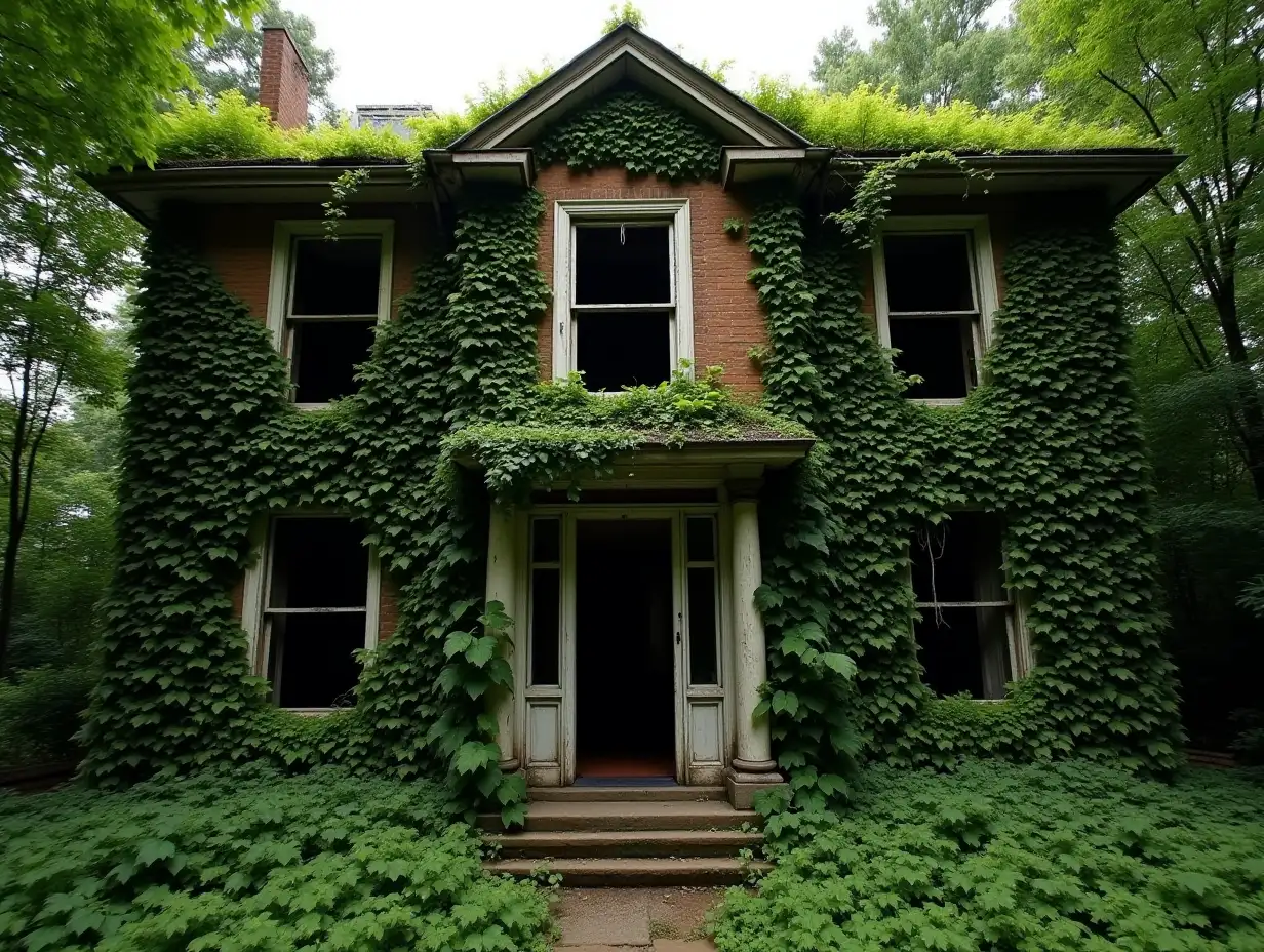 Abandoned house with broken windows is being overtaken by lush green vines and foliage