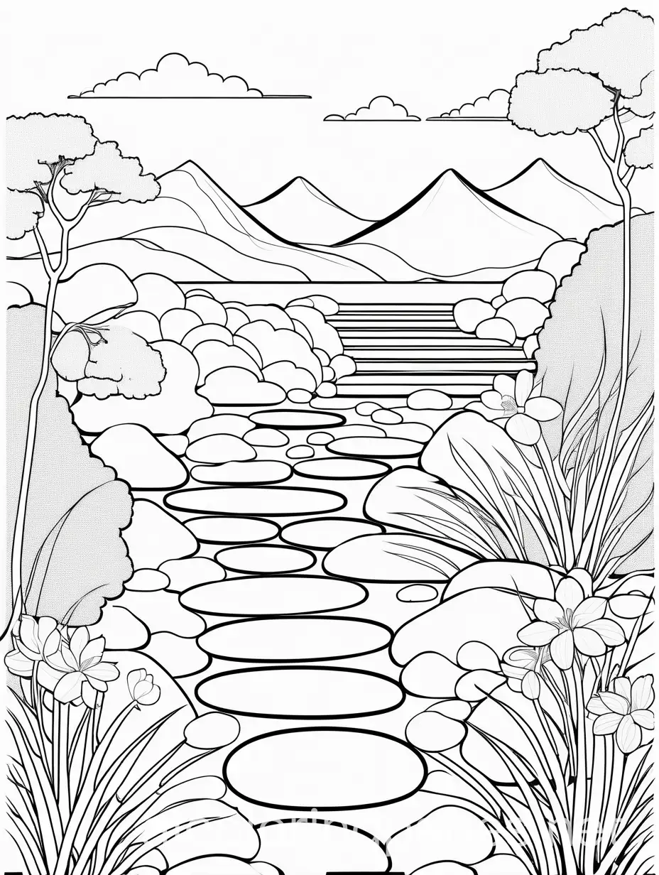 A calming image of a zen garden with carefully arranged rocks, raked sand, and a variety of simple, elegant flowers, thick outlines, no shadows., Coloring Page, black and white, line art, white background, Simplicity, Ample White Space. The background of the coloring page is plain white to make it easy for young children to color within the lines. The outlines of all the subjects are easy to distinguish, making it simple for kids to color without too much difficulty