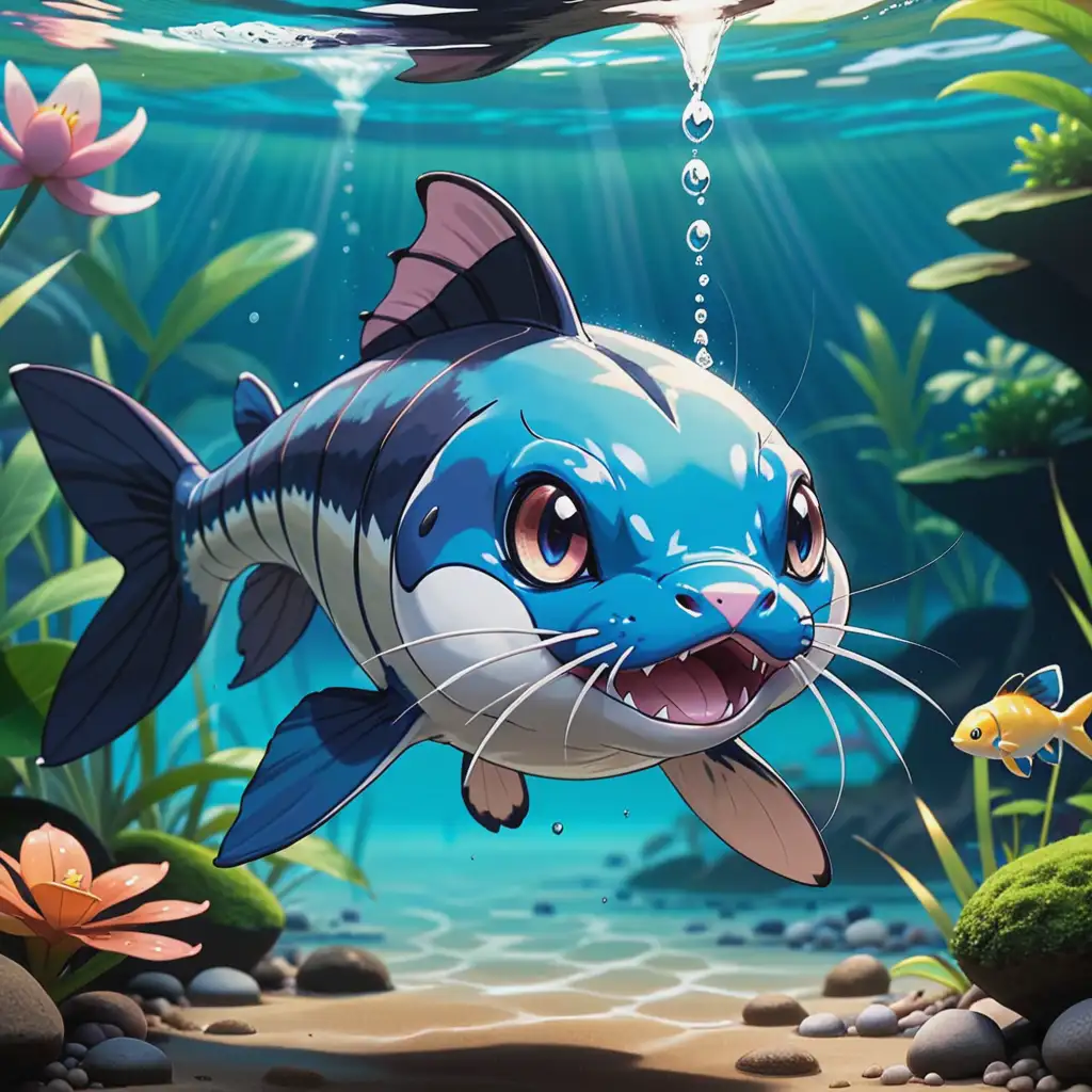 Pokemon Style Blue Water Catfish Cartoon Drawing