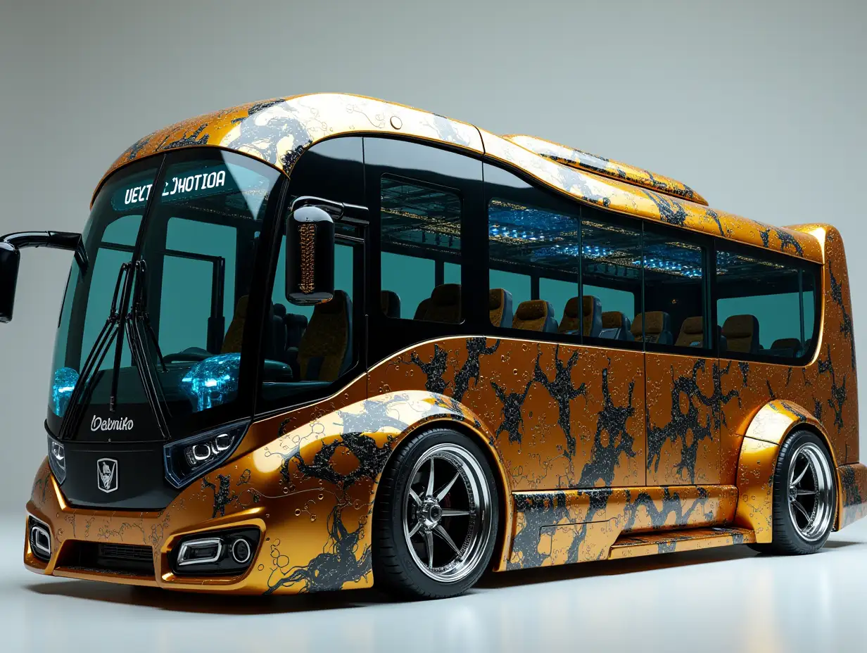 Supermodern utopian sports Omnibus with gold and black lightning blue color with round ornaments, lowered body, 18-inch rims, aluminum wheels, cream red gold camouflage, Cyberpunk.