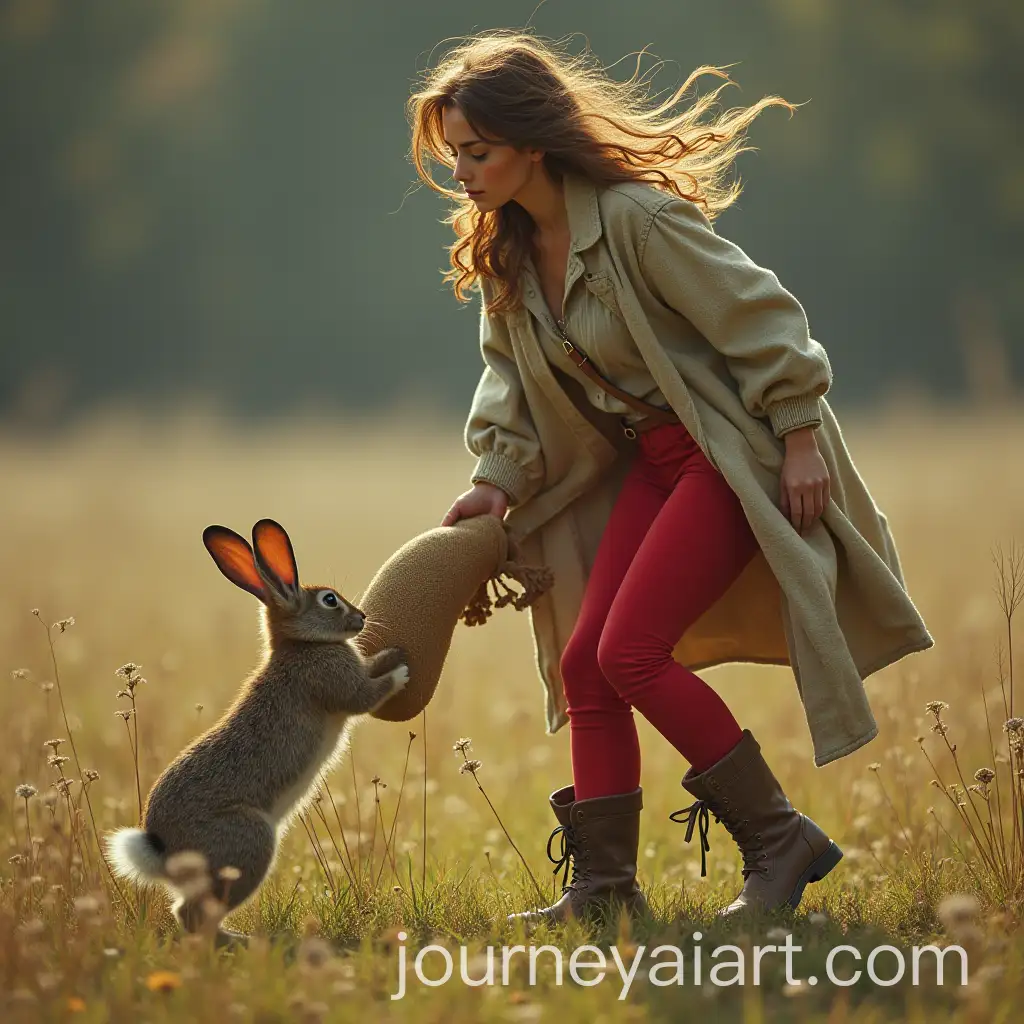 Beautiful-Woman-in-Tight-Red-Trousers-Catching-a-Wild-Rabbit-with-a-Sack