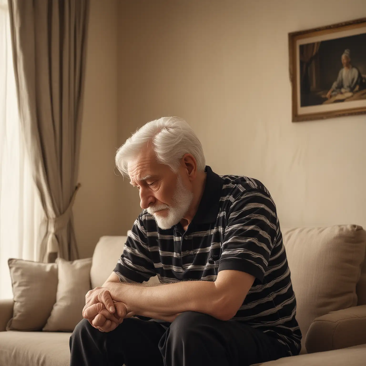 An elderly man with white hair and a beard sitting on a couch, wearing a striped black and gray polo shirt. The man looks emotional and thoughtful, resting his head on his clasped hands as if in prayer or deep contemplation. The room is softly lit, with large windows covered by semi-transparent curtains in the background, and light beige walls. The scene is realistic and conveys a calm yet somber atmosphere.