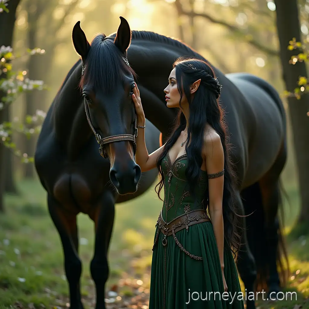 Elven-Woman-and-MajesticAI-Art-Prompt-Expansion-Black-Horse-in-a-Blooming-Spring-Forest