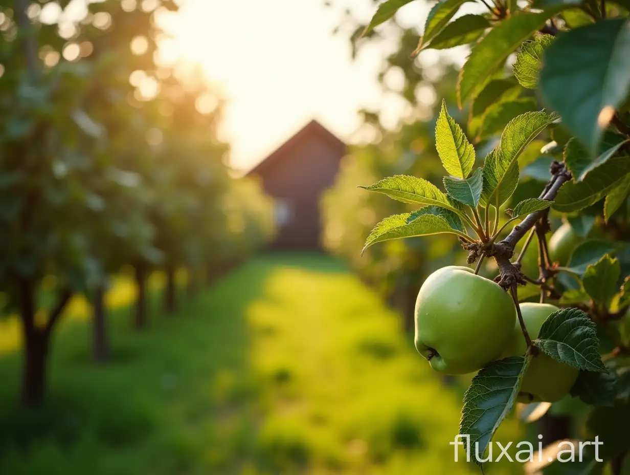 The frame shows an apple orchard flooded with sunlight. The branches of the trees are strewn with ripe green Antonov apples. The camera moves smoothly through the orchard to the wooden house, creating a sense of natural beauty and tranquility.