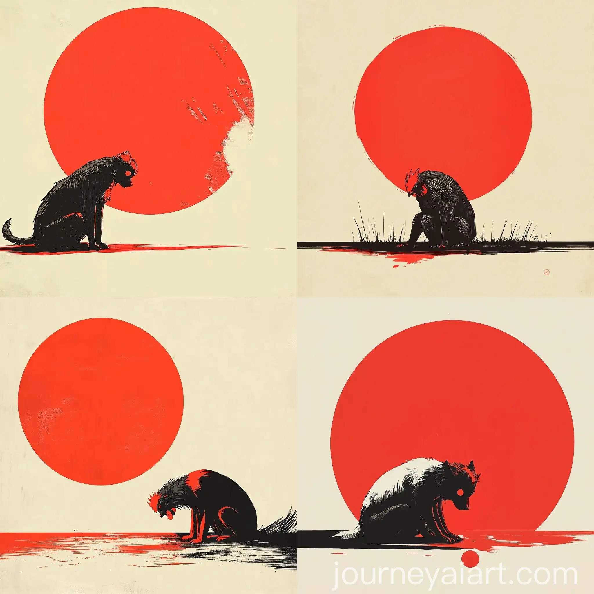 Minimalist-Sad-Dog-Illustration-with-Red-Sunset-Background
