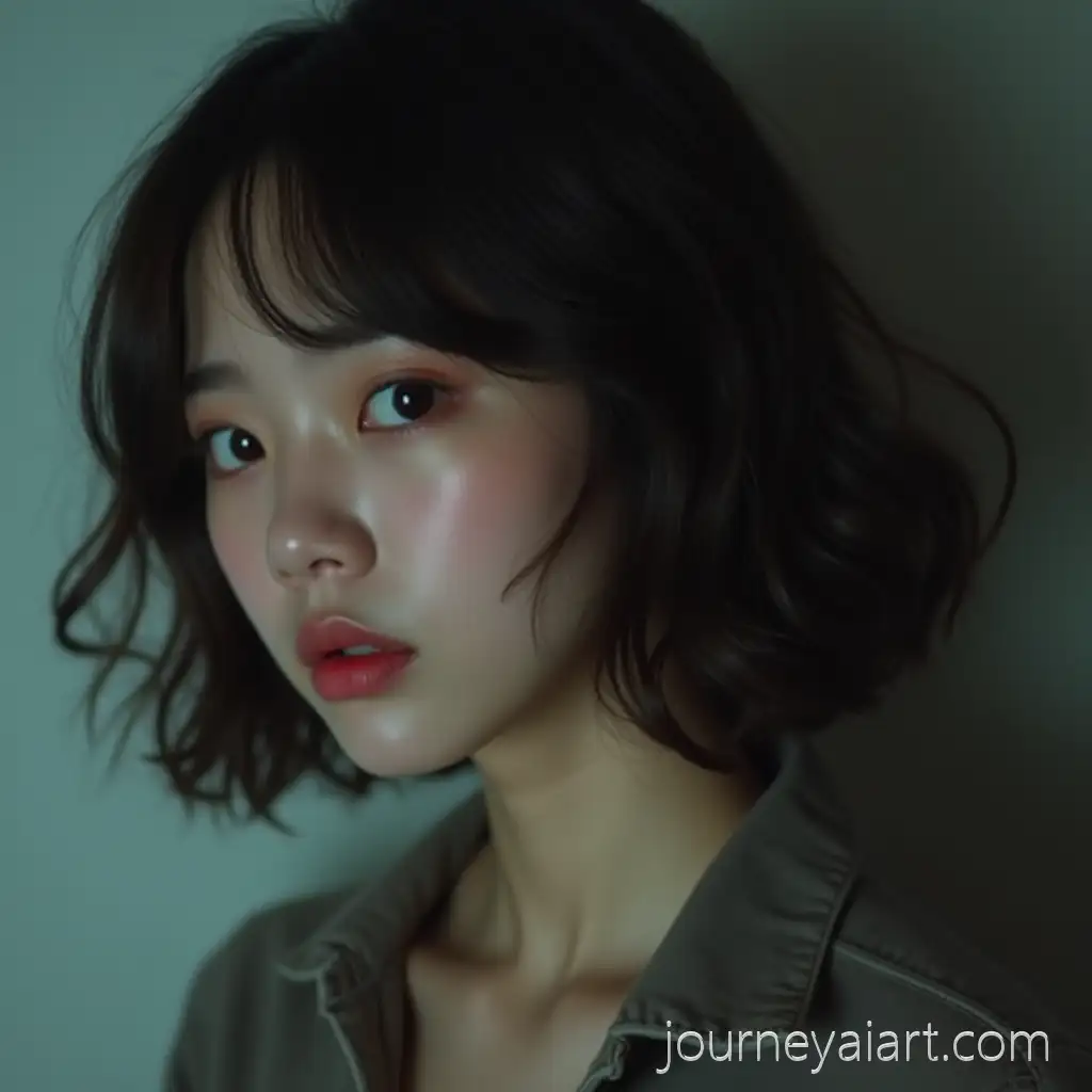 Girl-with-KoreanStyle-Makeup-and-Short-Wavy-Hair-in-a-Dark-Harmonious-Vibe