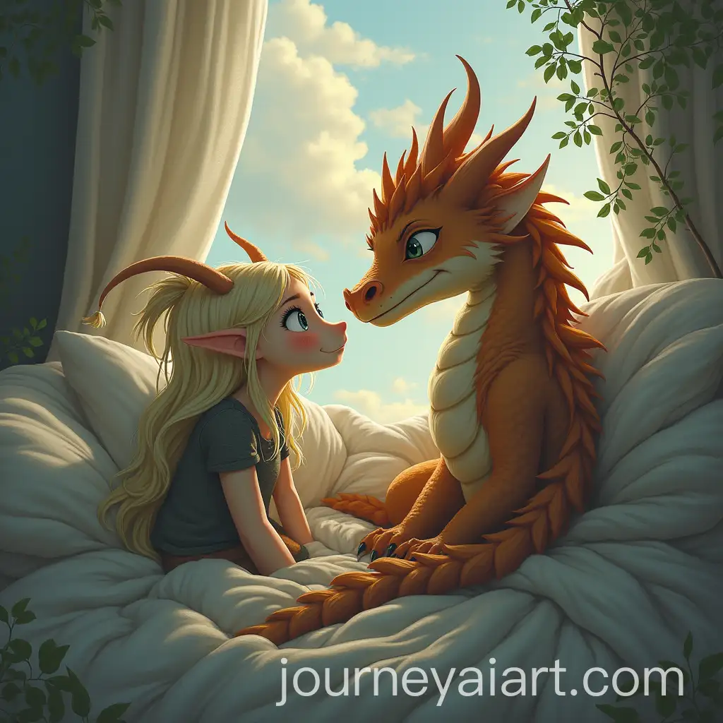 Kind-Dragon-Wakes-Up-Next-to-Elf-Girl-on-Cloudy-Morning-Asking-About-Her-Neck