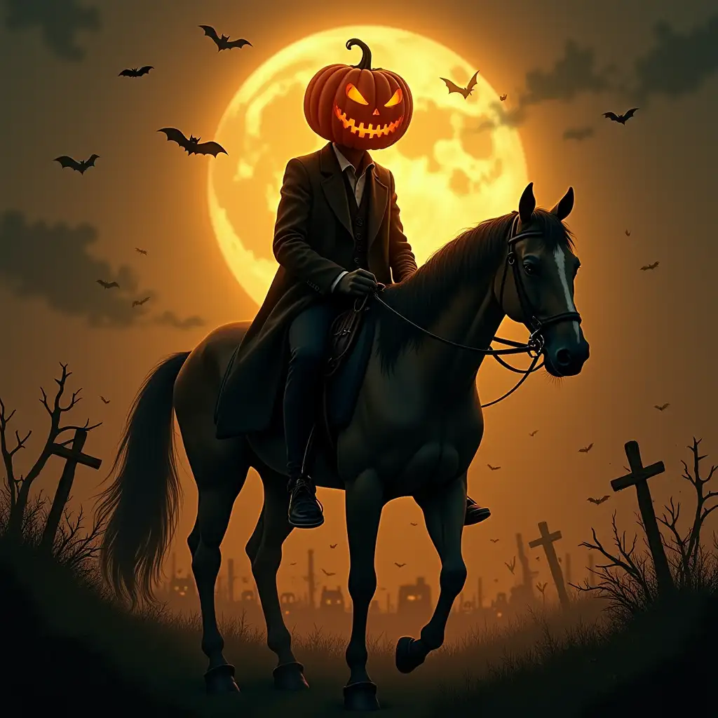 Headless Horseman with a Pumpkin Head in a Mysterious Forest