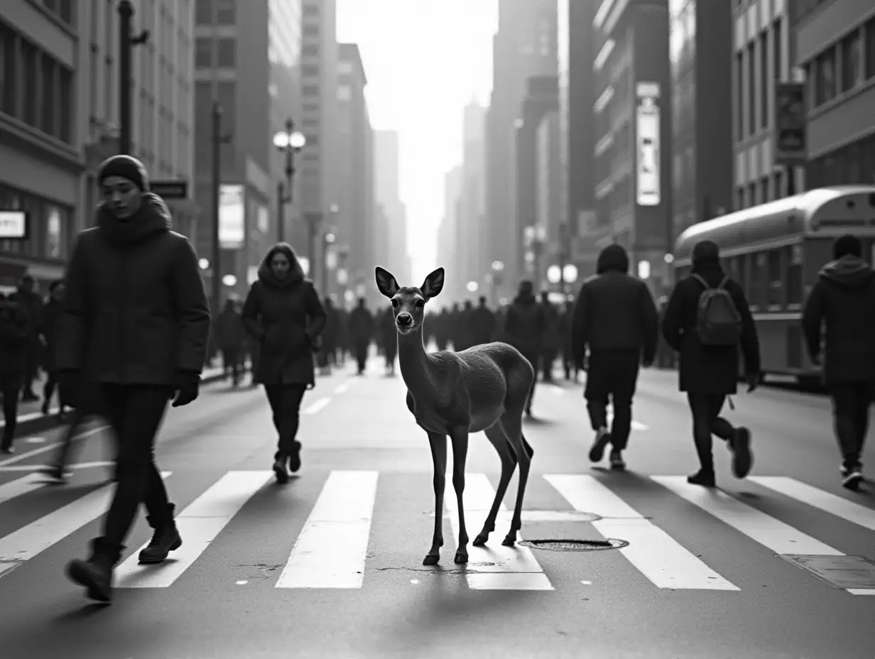 A scramble intersection in a business district. A fawn stands still in the middle of the intersection. The blurring motion emphasises the speed of the crowd, and this photo, taken from the city centre with a 50mm lens, features a shallow depth of field. Leica M3 film camera, black and white, high contrast, vintage film grain and soft light. Black and white photo. --ar 9:16 --stylize 1000 --v 7