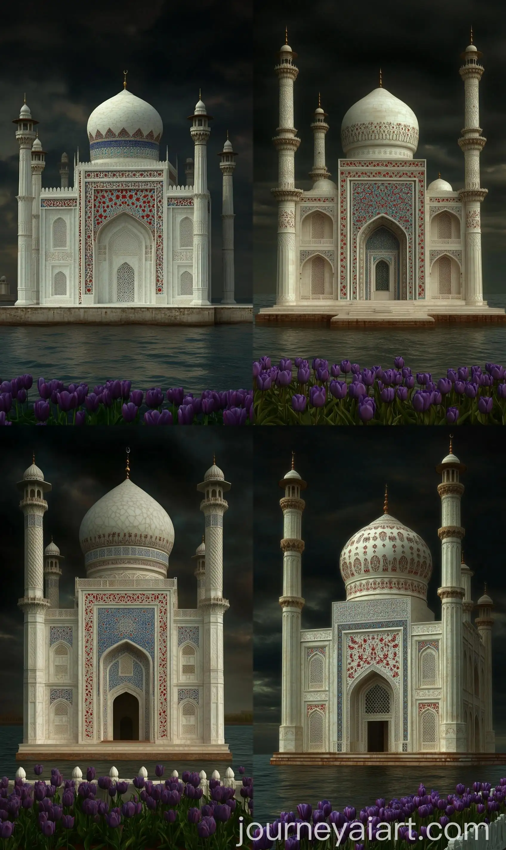 Front-View-of-a-White-Mughal-Style-Pietra-Dura-MultiLevel-Tall-Modern-Uzbekistan-Mughal-Mosque-Surrounded-by-Endless-Ocean