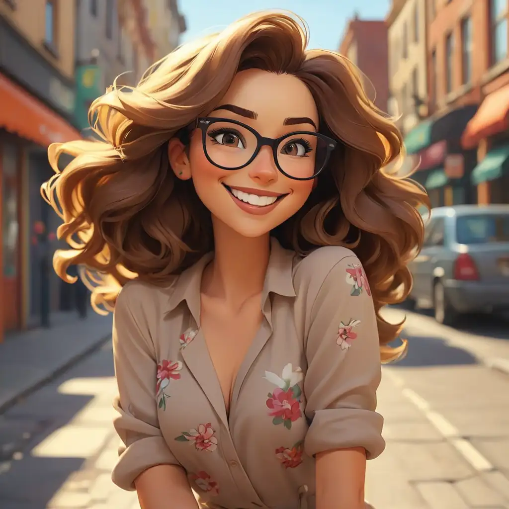 Cartoon-Sexy-Woman-Smiling-with-Glasses-on-Bright-Street-Background