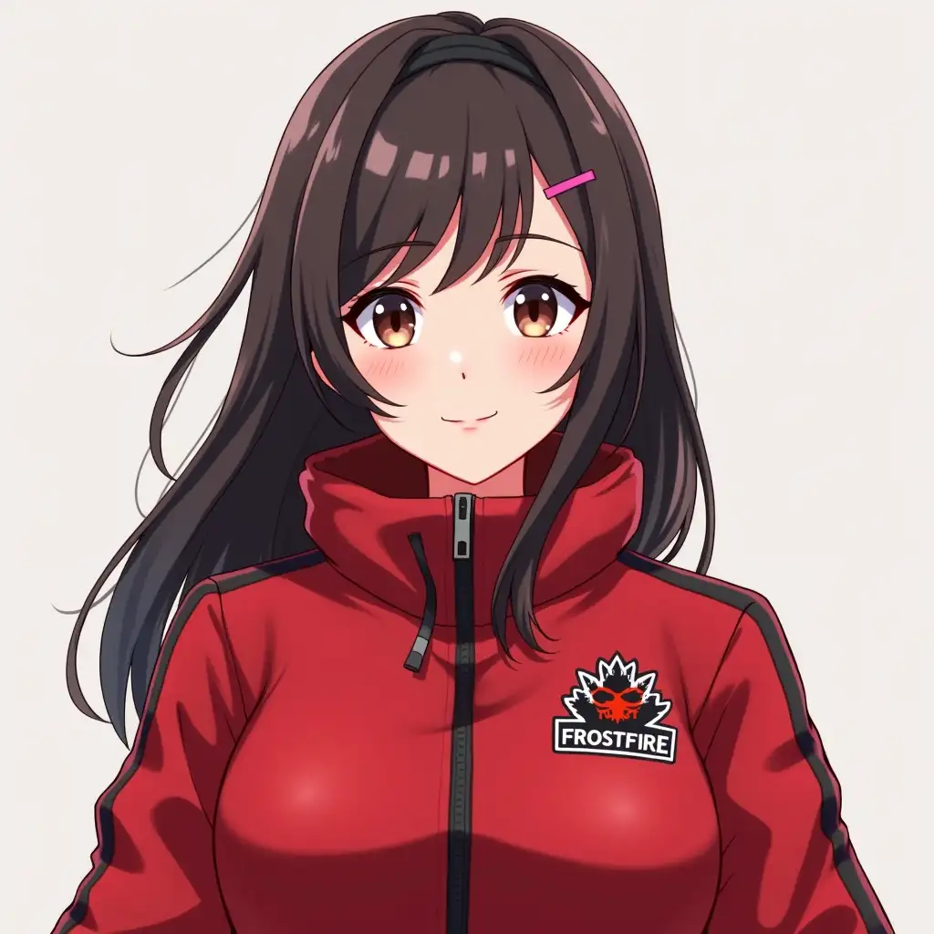 3D anime of a beautiful woman with a full body wearing a red jacket with the frostfire logo on the right chest and the SMBD GENK logo on the left chest