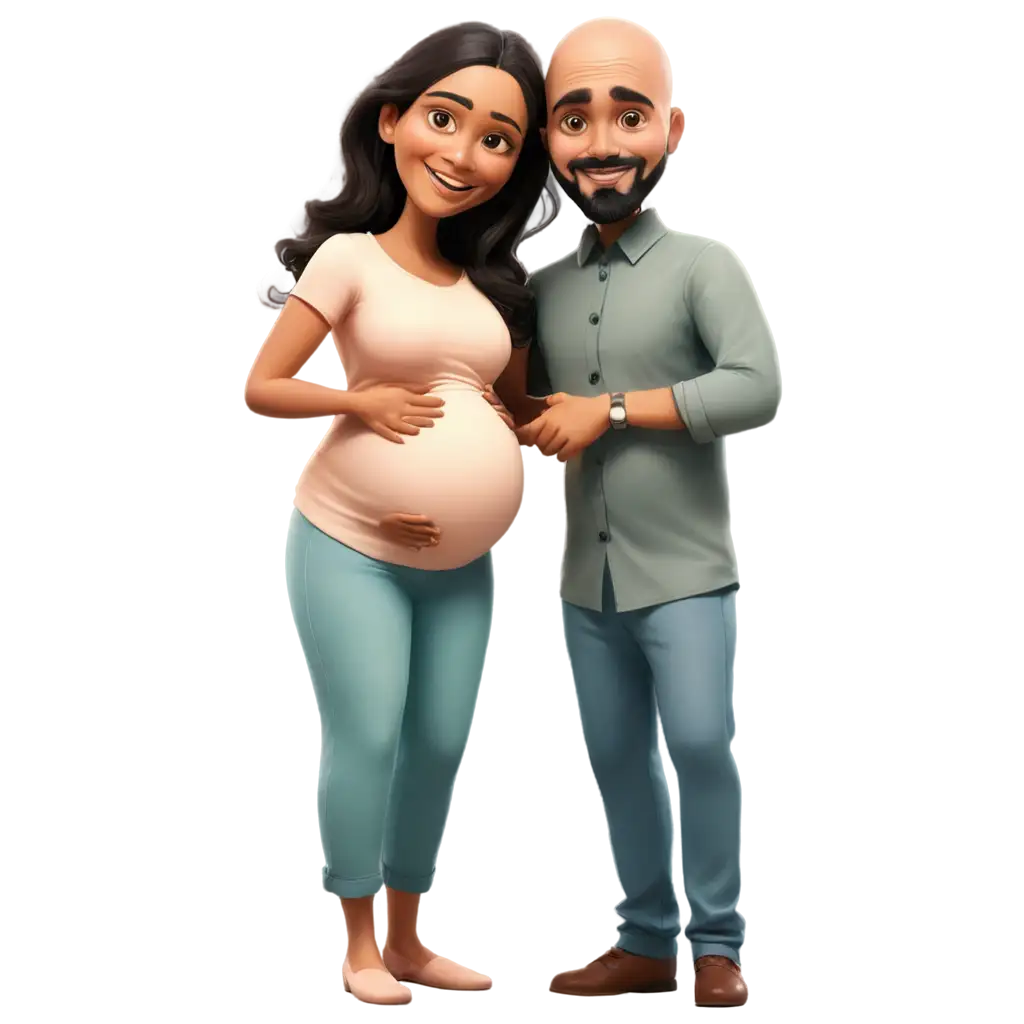 Indian-Pregnant-Couple-Caricature-Celebrating-PNG-Image-Bald-Husband-with-Beard