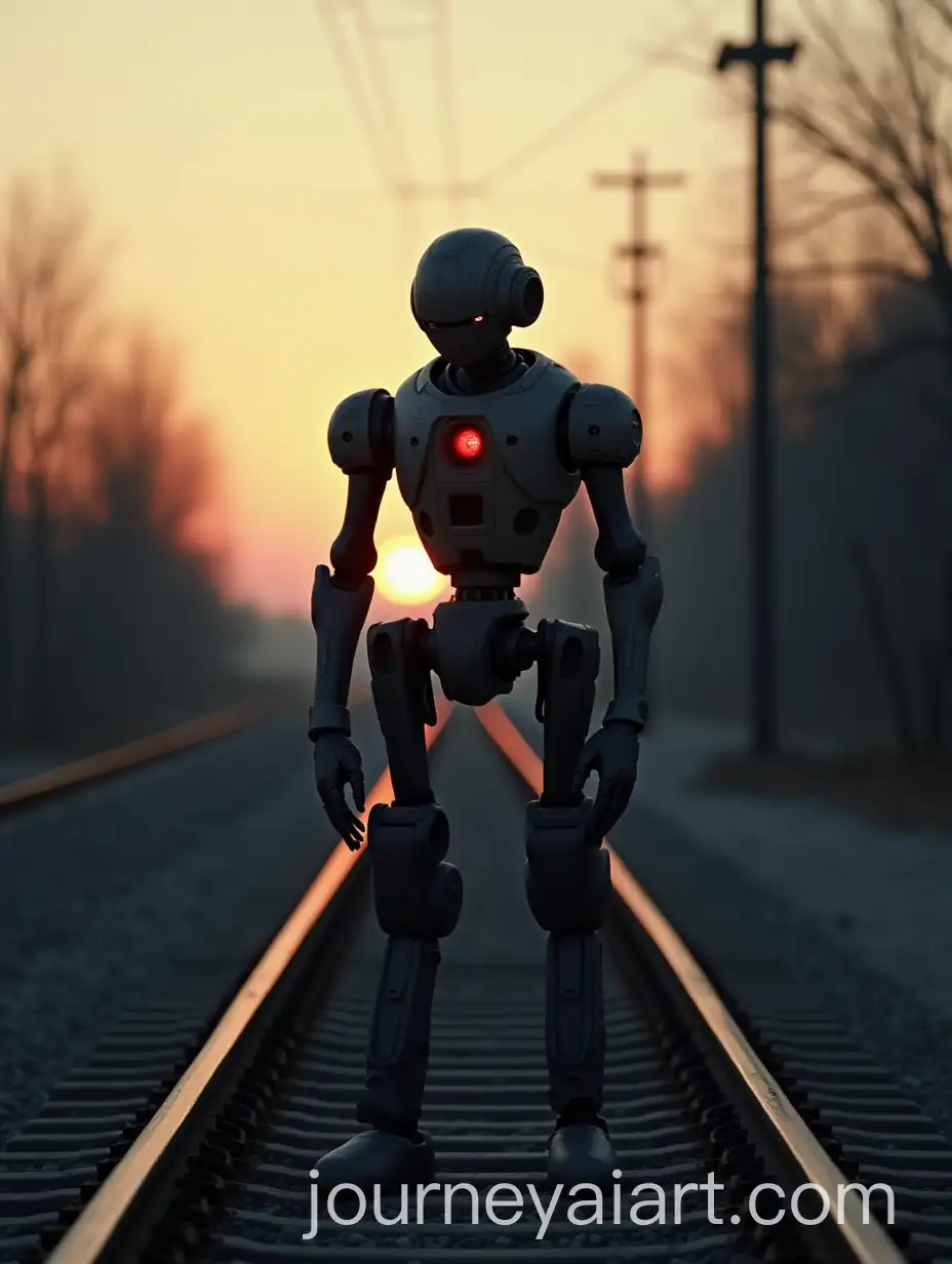 Humanoid-Robot-Relay-on-Abandoned-Train-Tracks-in-PostApocalyptic-Dusk