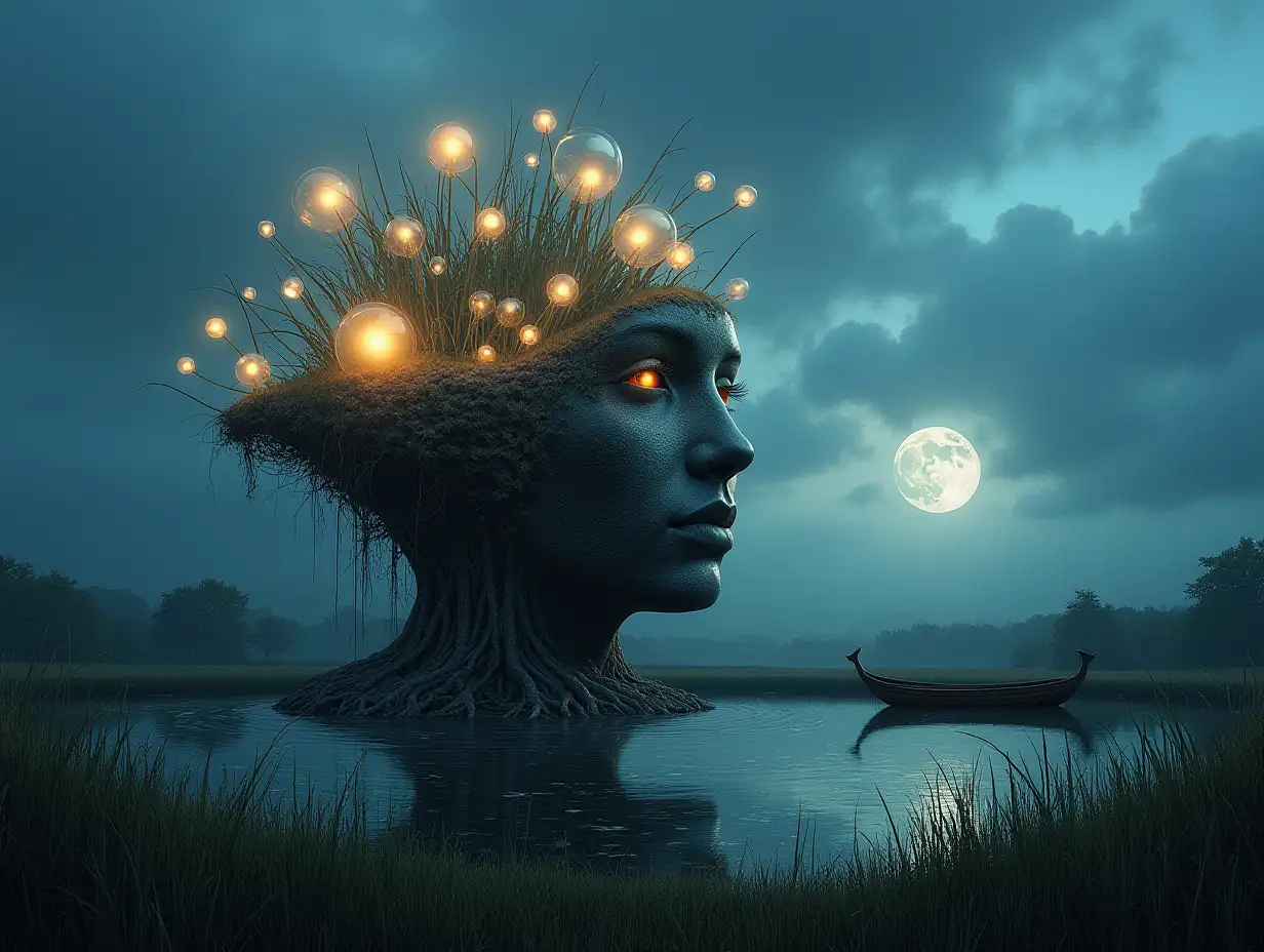 Face transforms into a building with glass glowing spheres and roots  Illuminated on a meadow with lake and a boat looking at the viewer