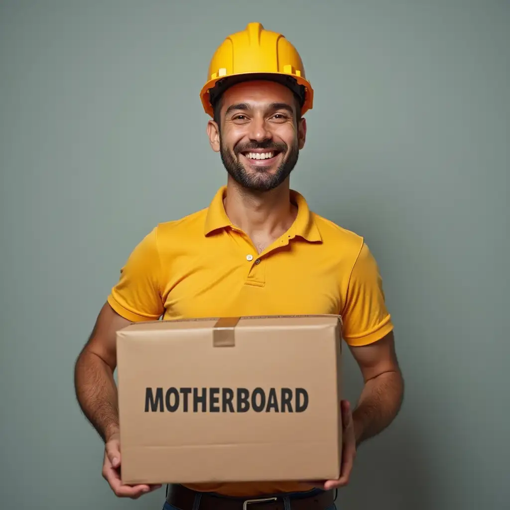 A courier person holding parcel, Text 'Motherboard' on the box