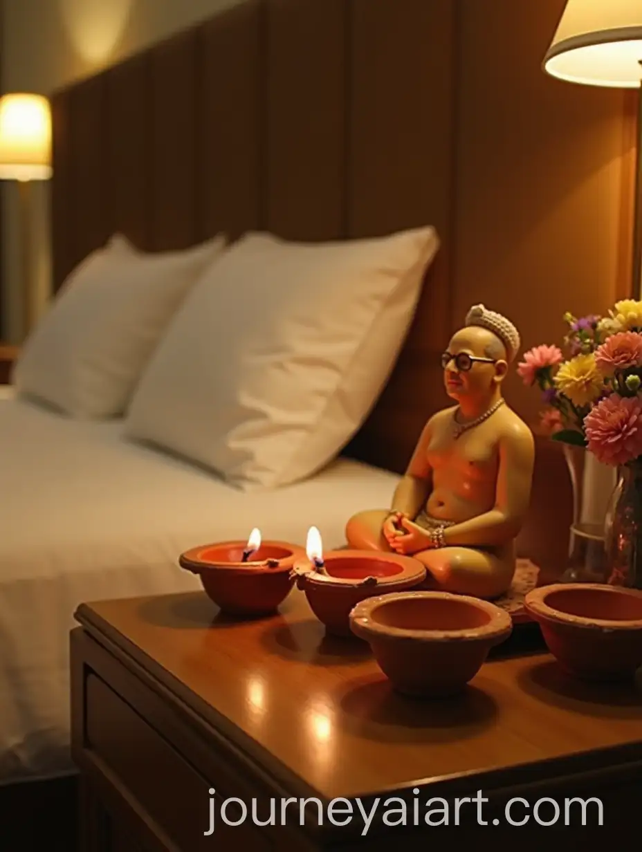 Cozy-Hotel-Room-with-Lord-Mahavir-Idol-and-Lit-Diyas-for-a-Peaceful-Ambiance