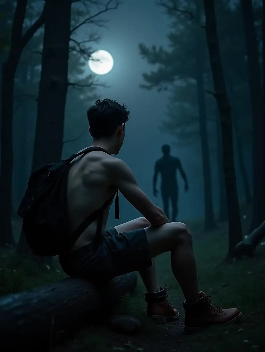 Teenage-Hiker-Nervously-Sitting-on-Log-in-the-Woods-at-Night-with-Shadow-of-Stalking-Figure