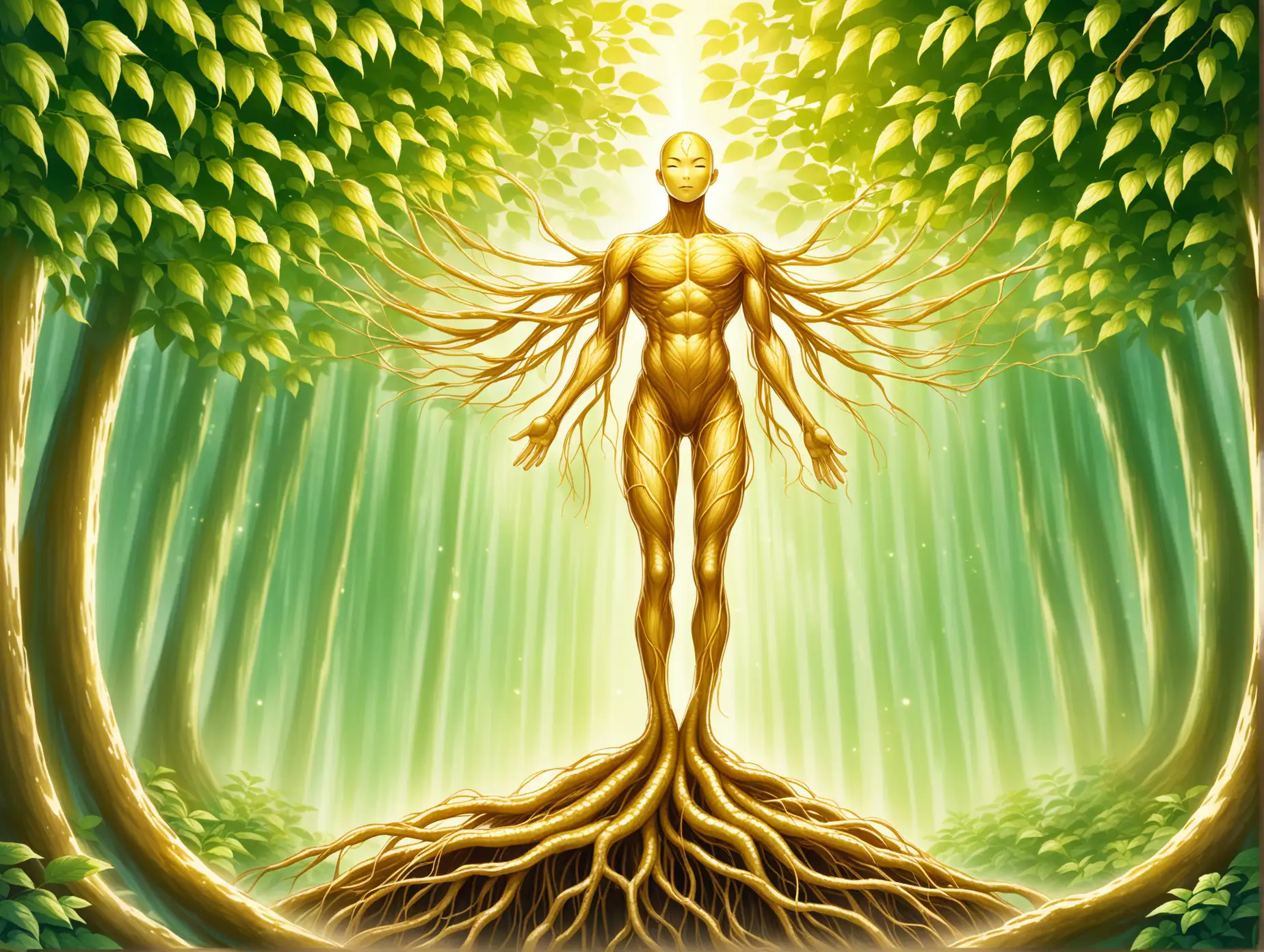 Super agent Ginseng is real, having a curious root shape resembling a human figure, can reach up to 30 centimeters in height and lives for decades, Golden hue of the root and leaves with soft green tint, Possesses magical properties, contributing to the recovery of strength and improvement of immunity