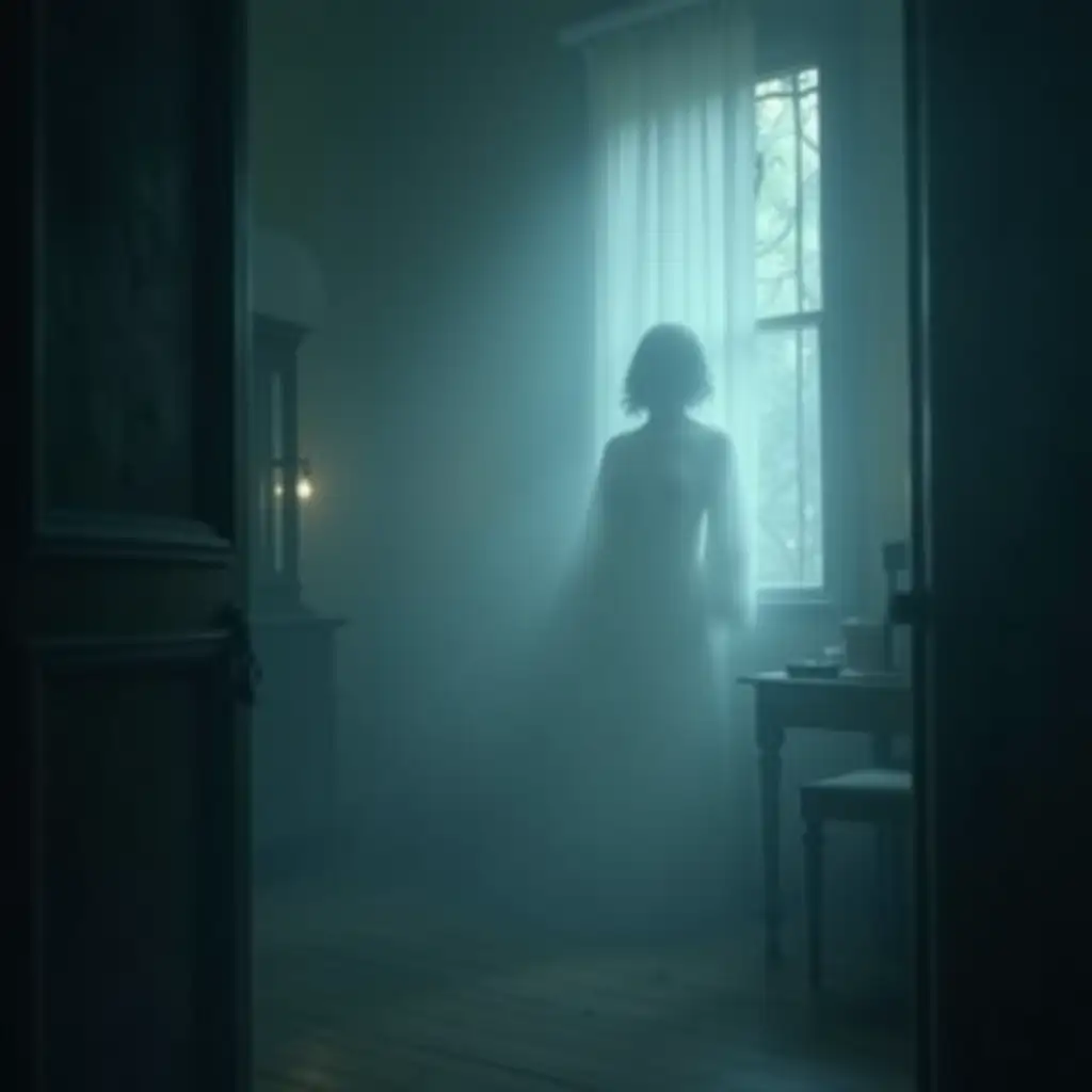 A hauntingly beautiful and ethereal image that captures the essence of a friendly ghost. Here's a description: A misty, moonlit room with a faint, glowing light. A ghostly figure, translucent and gentle, is visible in the background, perhaps near a window or a door. The ghost's presence is calming and reassuring, rather than frightening. The image could also include subtle, eerie details like cobwebs, old furniture, or forgotten photographs to add to the haunting atmosphere. The overall mood should be dreamy, soothing, and inviting, conveying a message of acceptance and love. 