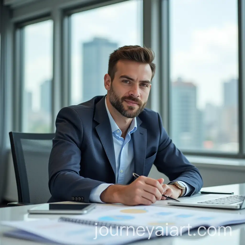 Confident-Young-Businessman-Analyzing-Financial-Reports-in-Modern-Office