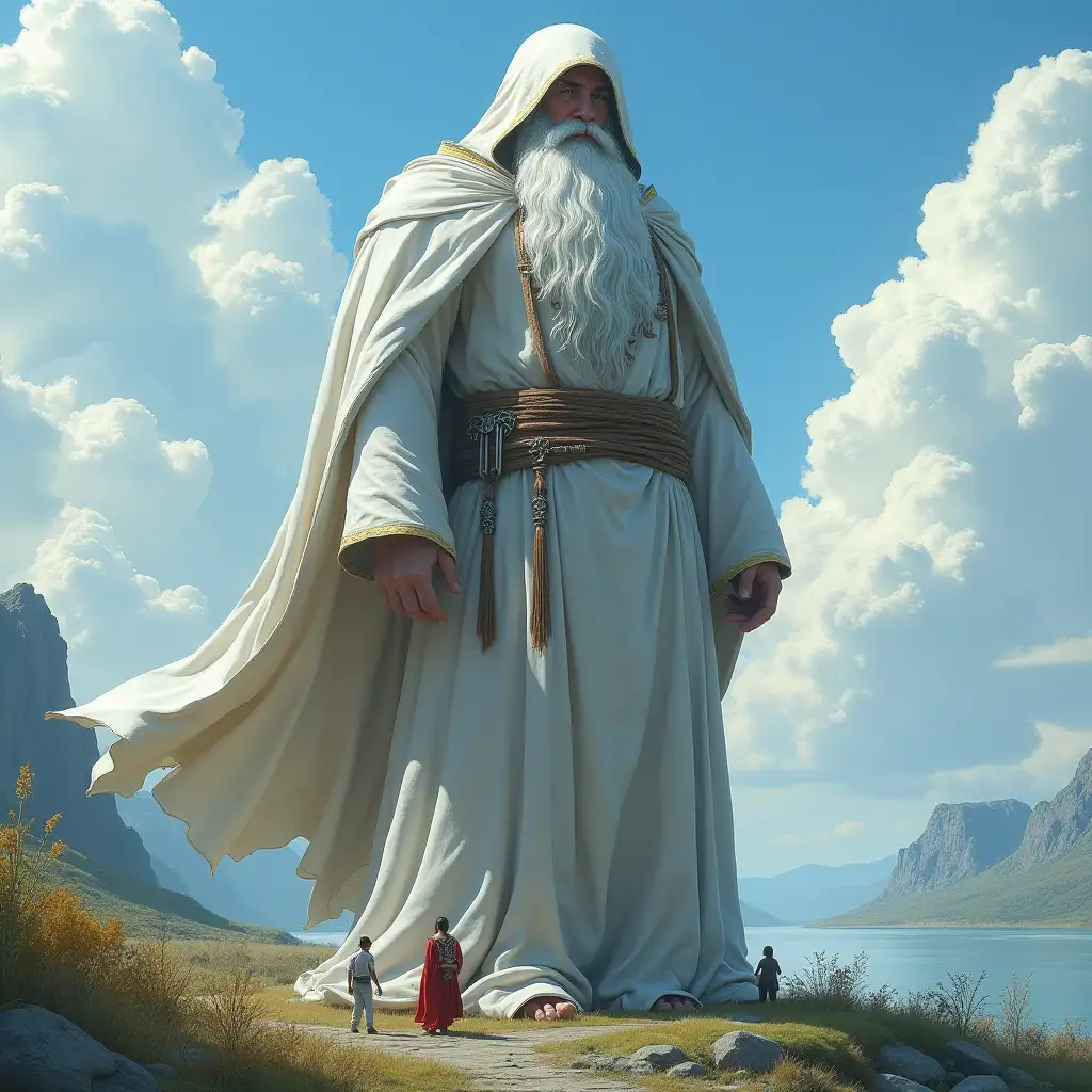 Mega titan 50 meters tall with hood,white long beard with braids robe to the ground,by the river,plants blue sky,powerful clouds with people