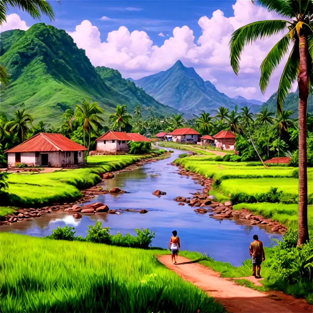 The image depicts a beautiful tropical landscape with lush green fields and a vibrant river flowing through it. A small village can be seen in the background, surrounded by palm trees and houses. There are several people in the scene, enjoying the serene environment and engaging in various activities. Some of them appear to be walking or standing near the river, while others are scattered throughout the village. The overall atmosphere is one of tranquility and natural beauty.