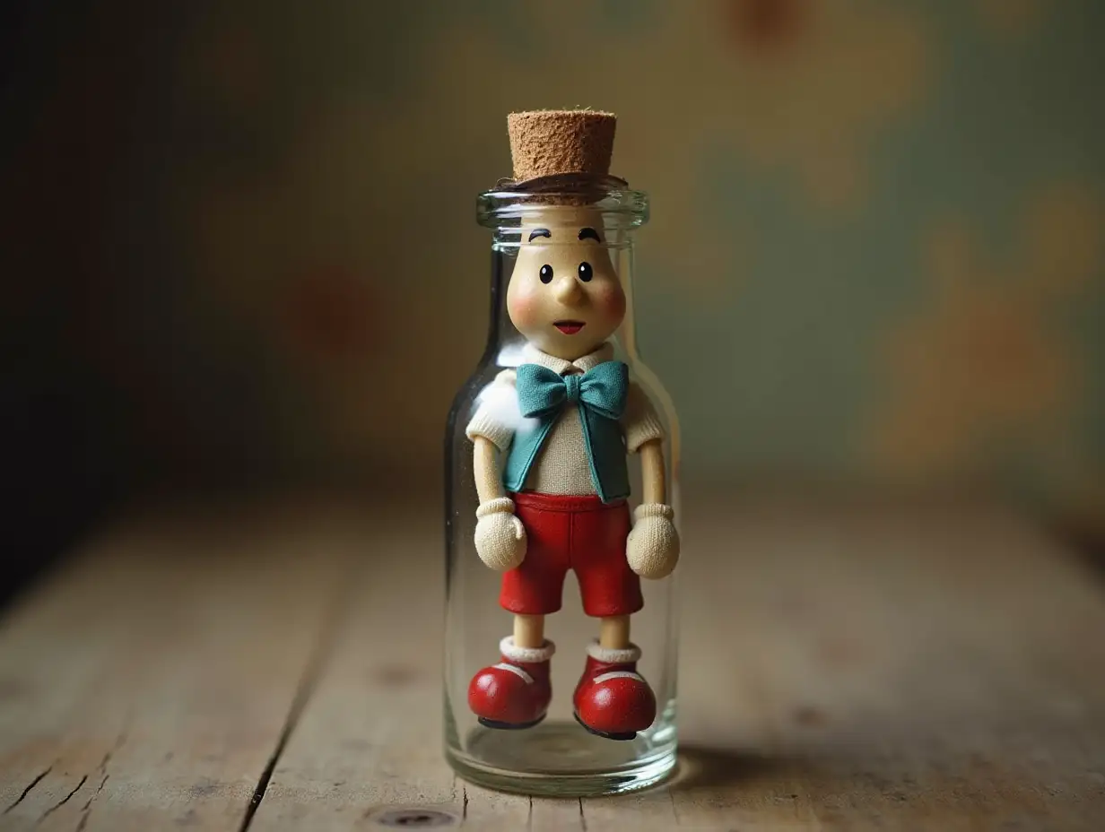 pinocchio in a glass bottle