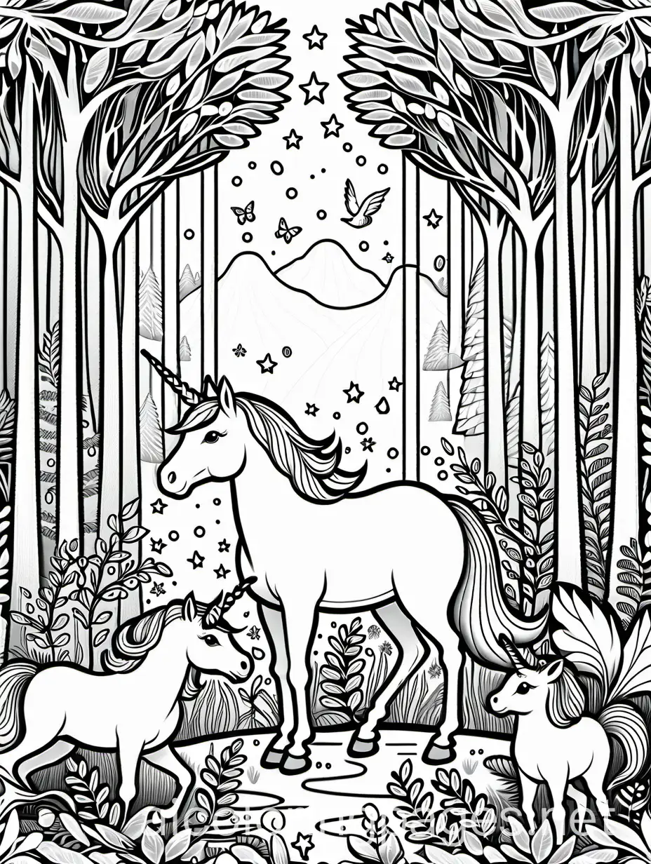 unicorn with magical woodland animals in a forest for kids , Coloring Page, black and white, line art, white background, Simplicity, Ample White Space. The background of the coloring page is plain white to make it easy for young children to color within the lines. The outlines of all the subjects are easy to distinguish, making it simple for kids to color without too much difficulty