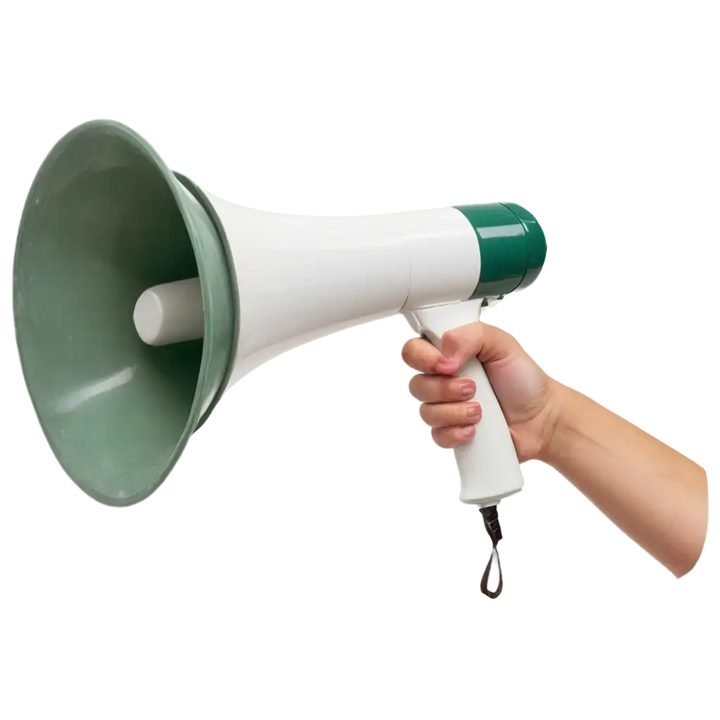 White-Megaphone-PNG-with-SwampColored-Handle-in-Females-Hand-for-Clear-and-Crisp-Visuals