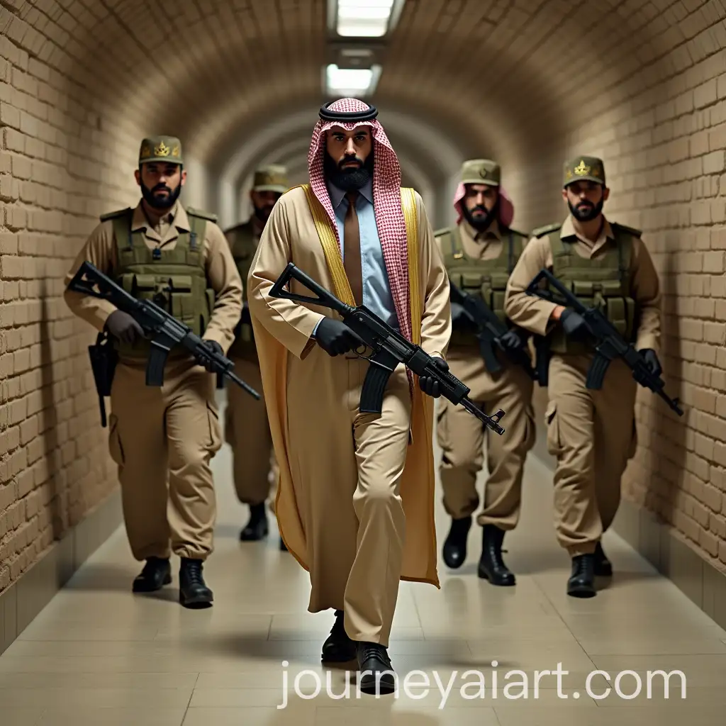 Arab-Sheikh-and-Military-Guards-Walking-in-Underground-Bunker