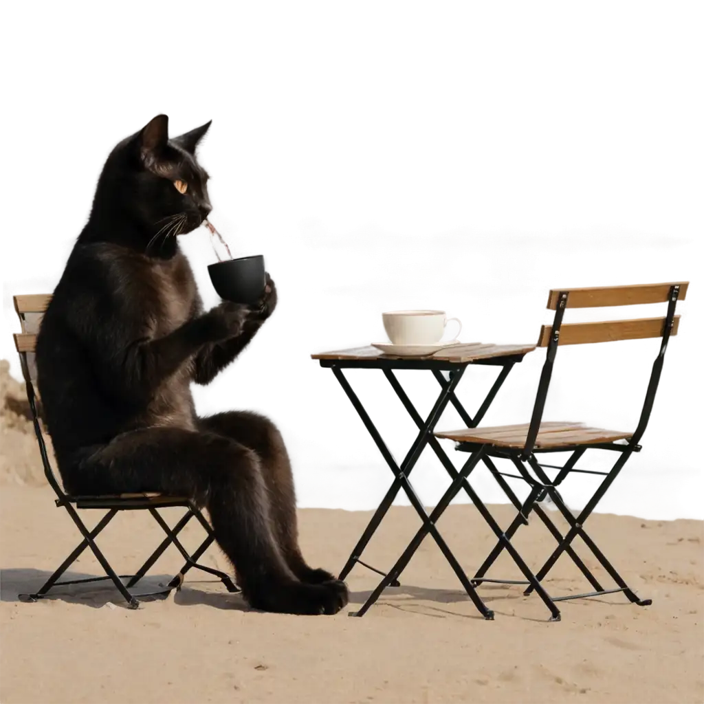 A cat is drinking tea and sitting with a cooling glass and a chair sitting on the beach