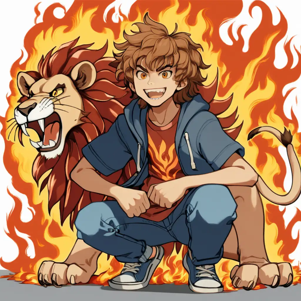 Teenage Boy with Lion Features Grinning in Fiery Aura