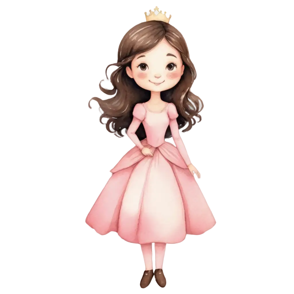 Princess-in-Pastel-Pink-with-Dark-Brown-Hair-Watercolor-PNG-Perfect-for-Happy-Birthday-Celebrations