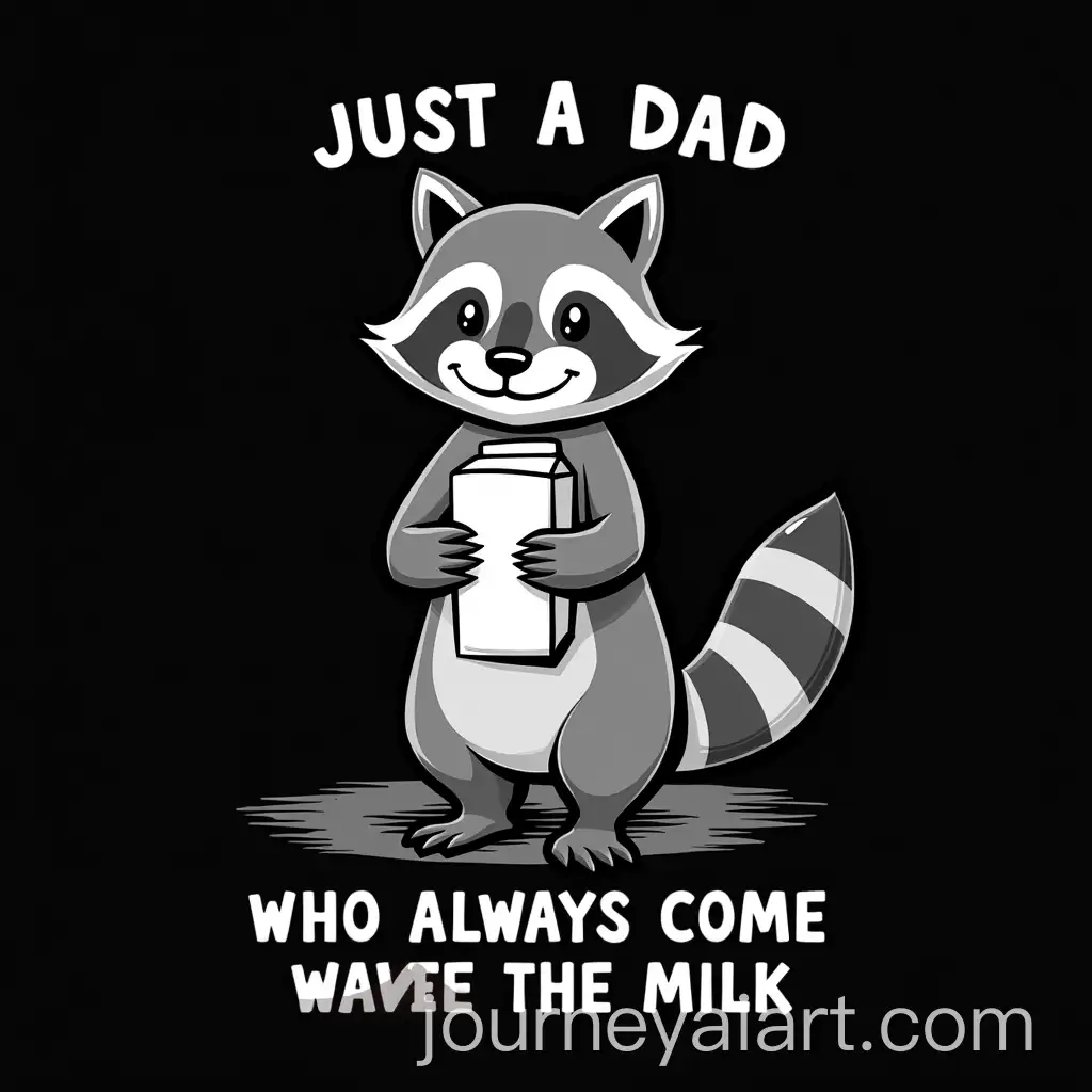 Monochromatic-Raccoon-Holding-Milk-with-Text-JUST-A-DAD-and-WHO-ALWAYS-CAME-BACK-WITH-THE-MILK