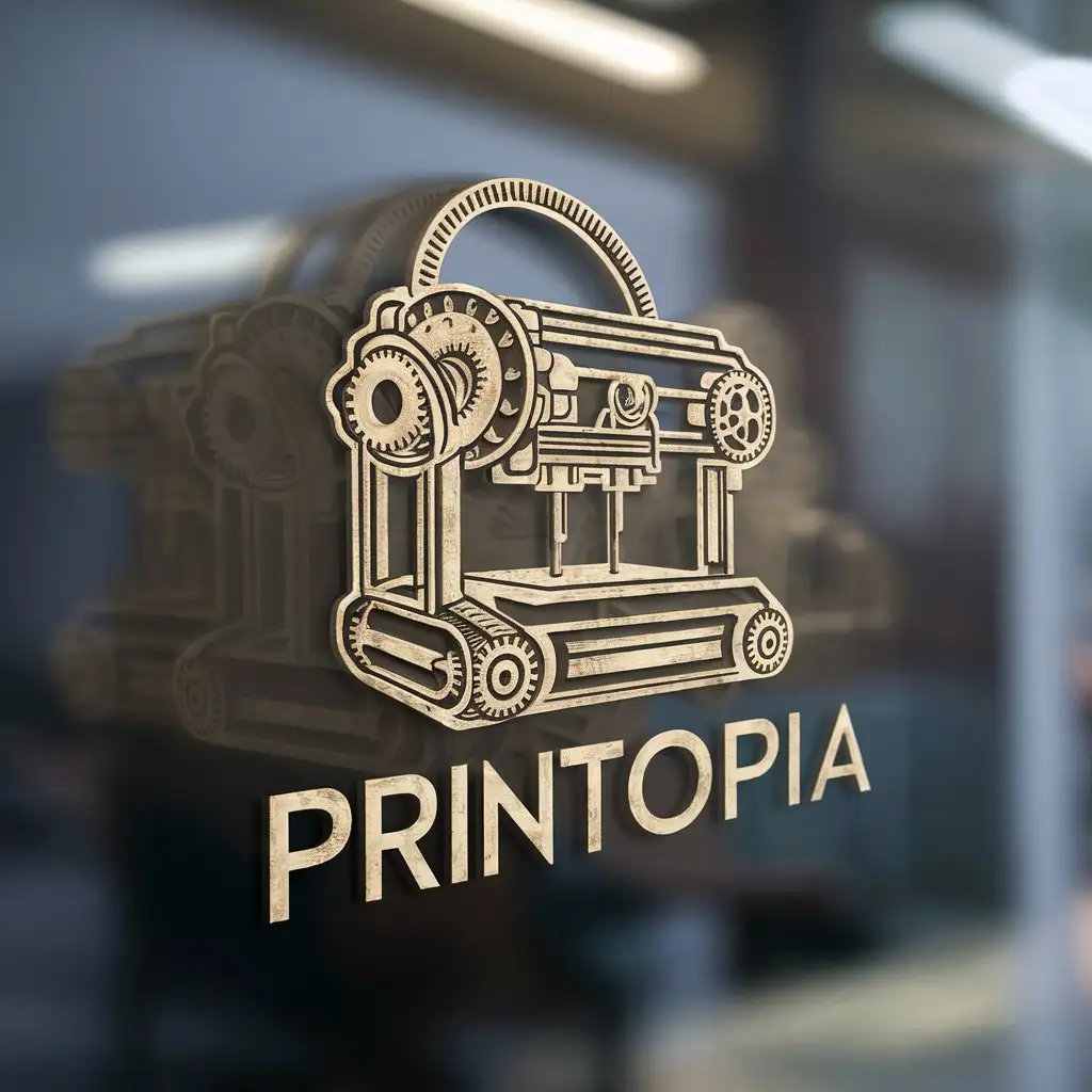 a logo design,with the text "Printopia", main symbol:3d printer in steampunk style,Moderate,be used in Technology industry,clear background