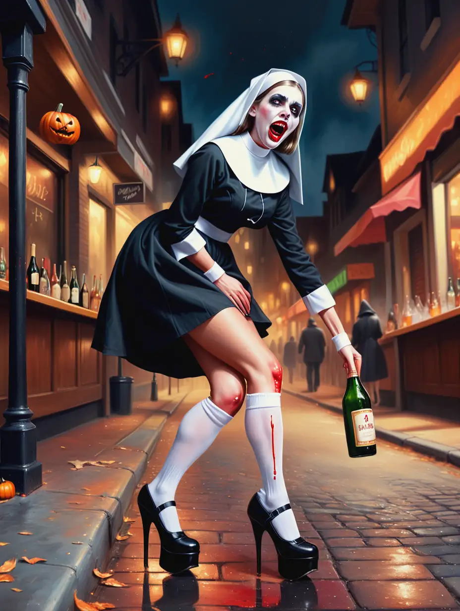 Tipsy-Woman-in-Halloween-Nun-Costume-on-Bar-Street-Stumbling