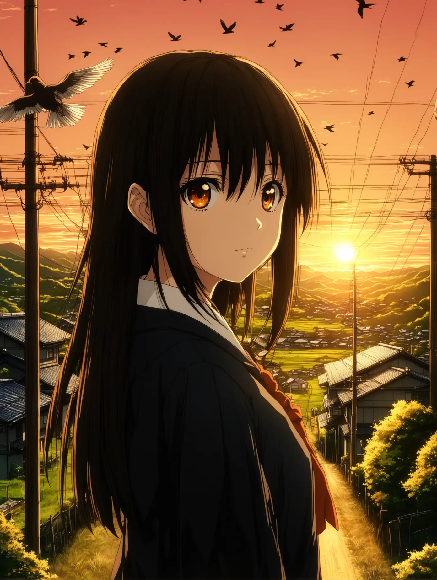 Kamui-from-X-Anime-in-Black-School-Uniform-with-Rural-Japan-Sunset-Background