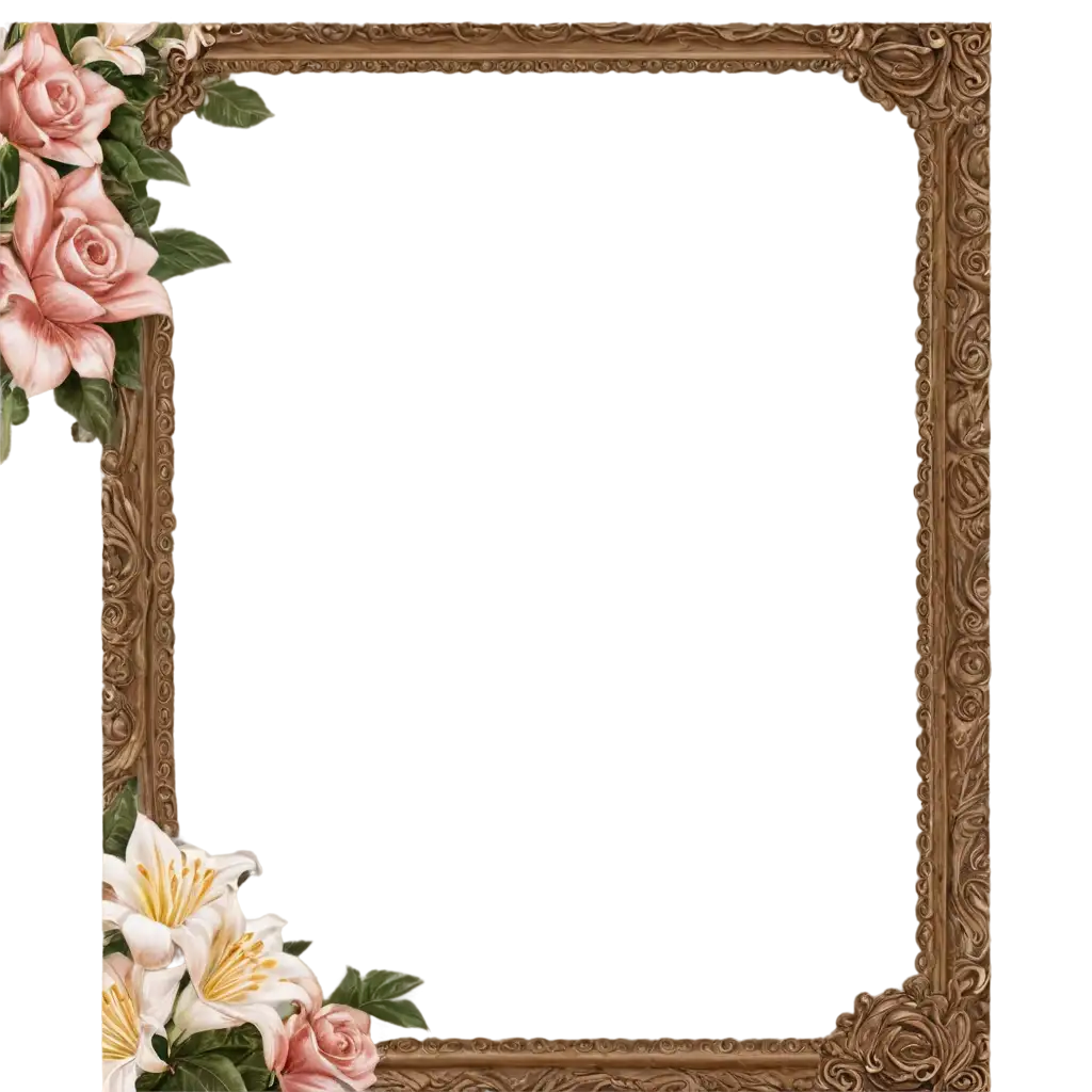 Beautiful-PNG-Illustration-of-an-Empty-Christian-Brown-Frame-with-Lily-and-Roses