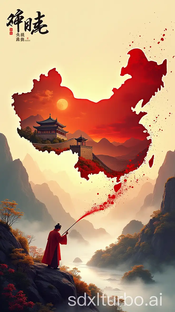 Illuminate-China-with-Mountains-and-Rivers-Poster-Featuring-Ink-Painting-and-Chinese-Calligraphy