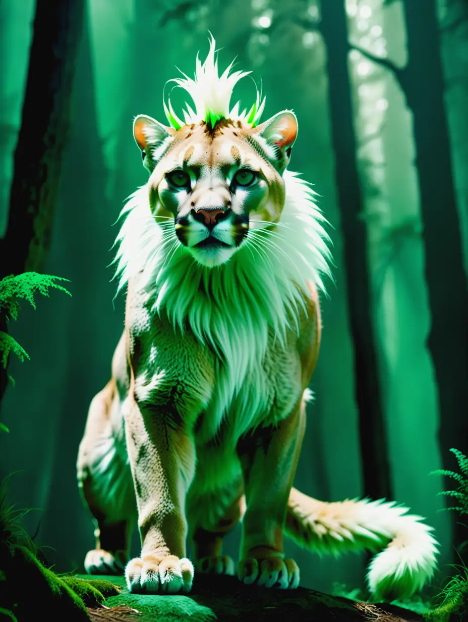 Fantasy Movie Scene Mountain Lion with White Mohawk Fur in Green Forest