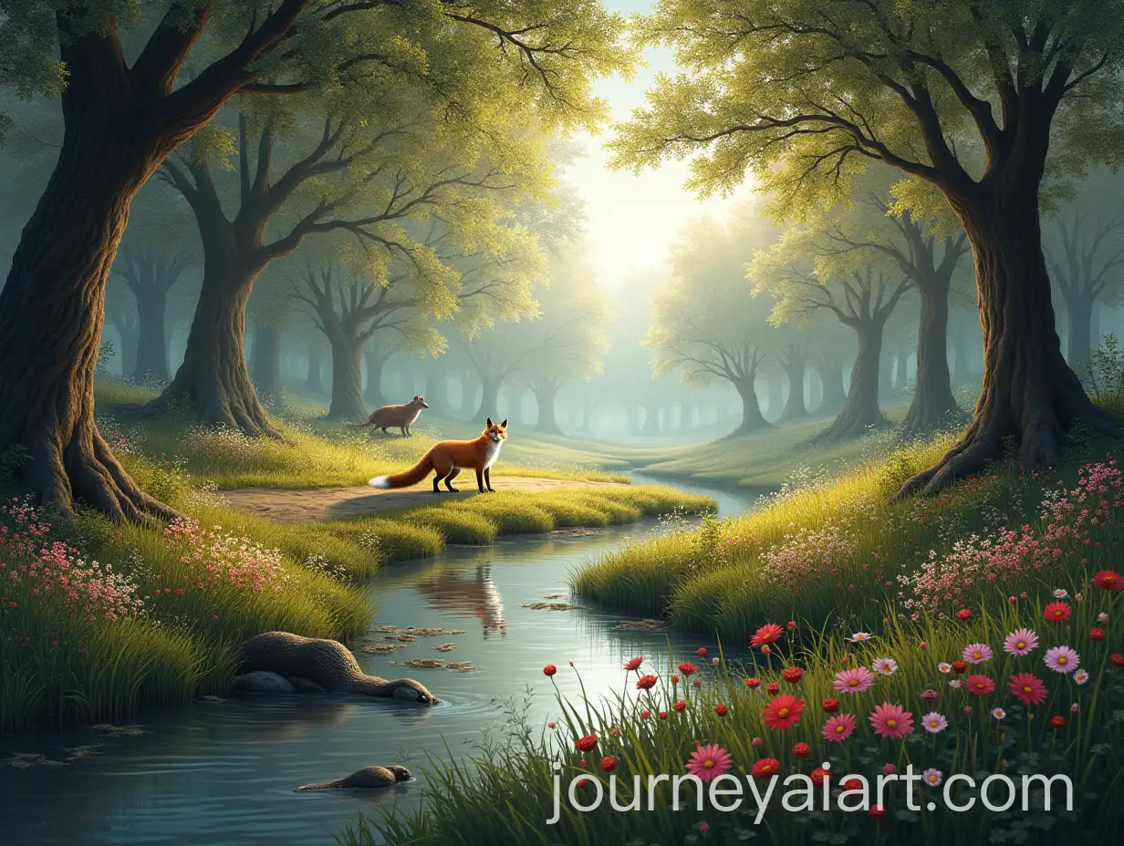Fox-and-Heron-in-Oak-Forest-with-River-and-Orchid
