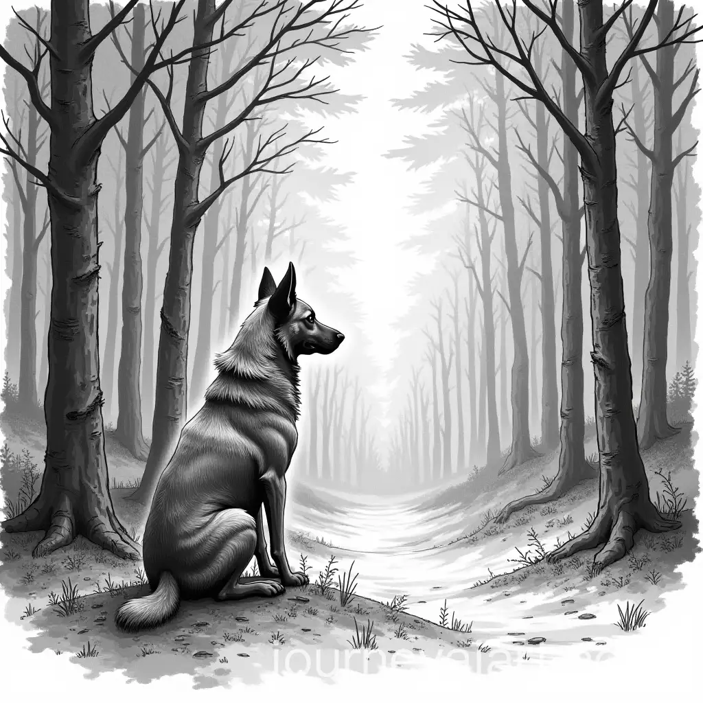 Sad-Mongrel-Dog-Sitting-on-the-Edge-of-the-Forest