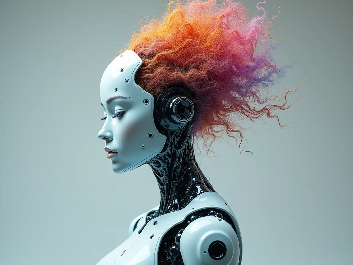 Create a high-resolution, realistic image of an artificial intelligence fractal colored fractal humanoid robot, on the photo studio floor at 4-k resolution. Fractal hair